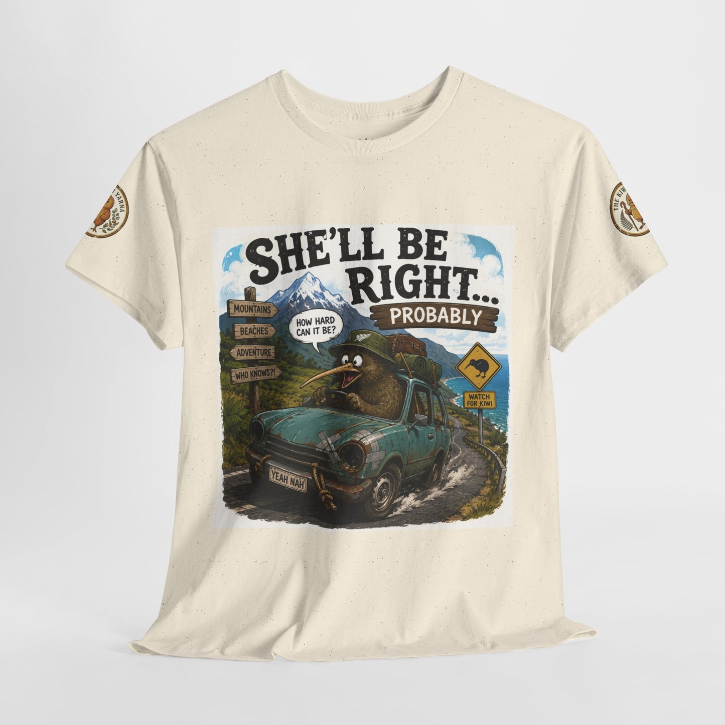 Light beige crew-neck T-shirt with “She’ll Be Right… Probably” front graphic.