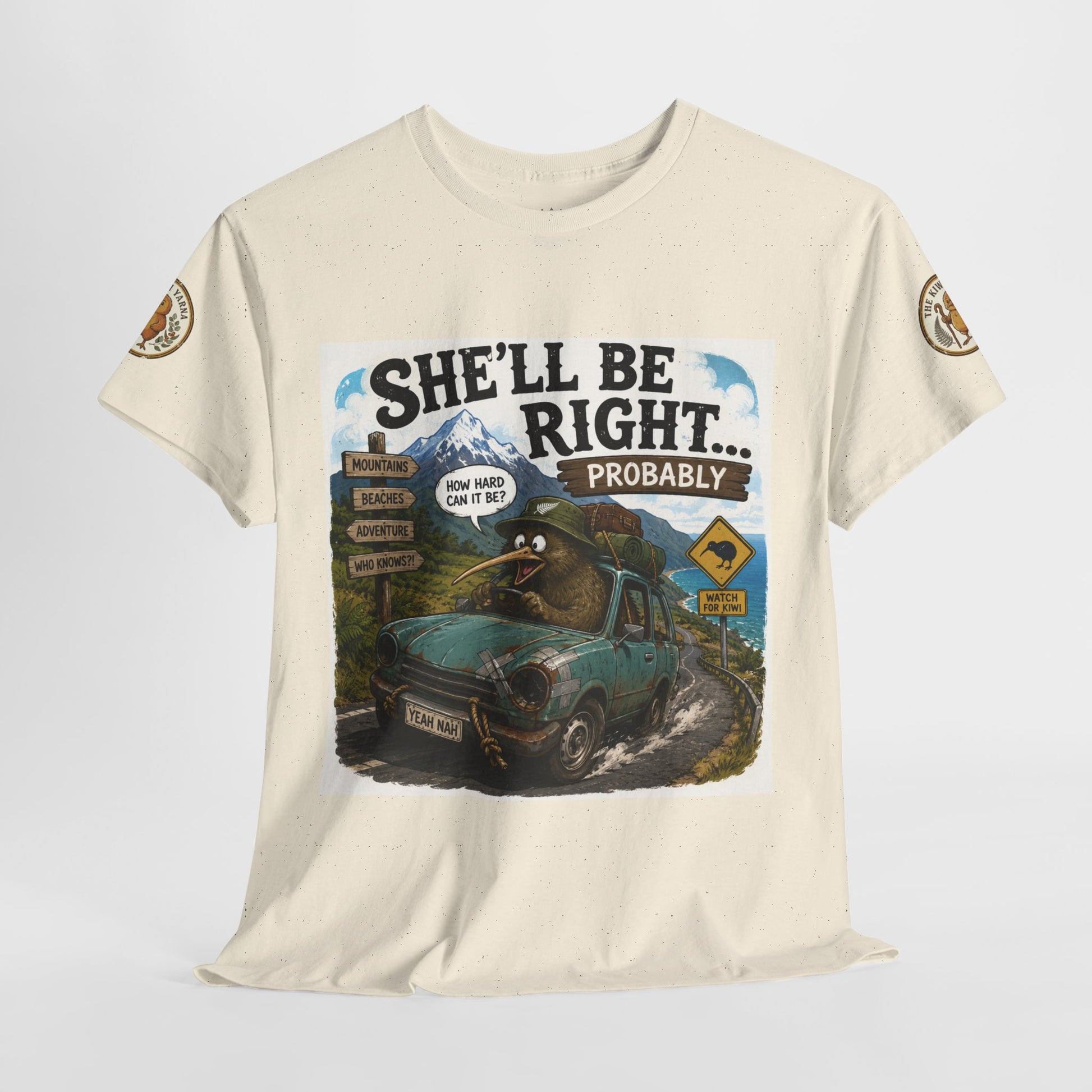 Light beige crew-neck T-shirt with “She’ll Be Right… Probably” front graphic.