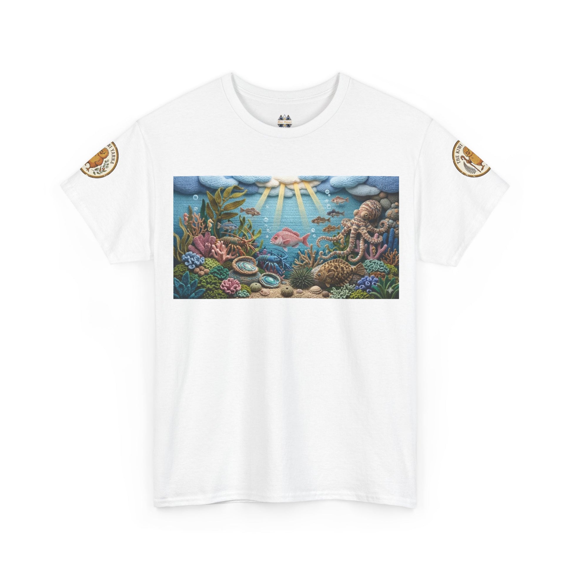 White T-shirt with centered underwater reef graphic panel; small circular arm patches.