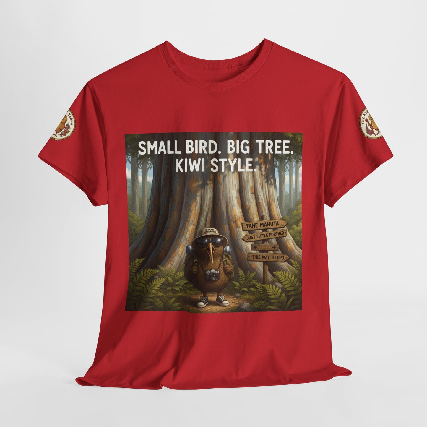 Red crew-neck T-shirt with framed tree scene and 'Small Bird, Big Tree.'