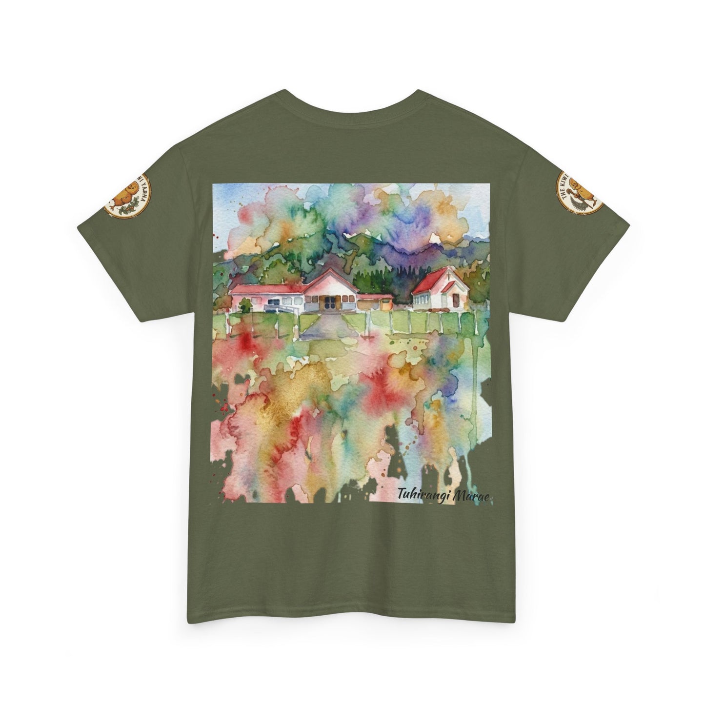 Tuhirangi Marae T-shirt, dark green, watercolor-style house and trees print