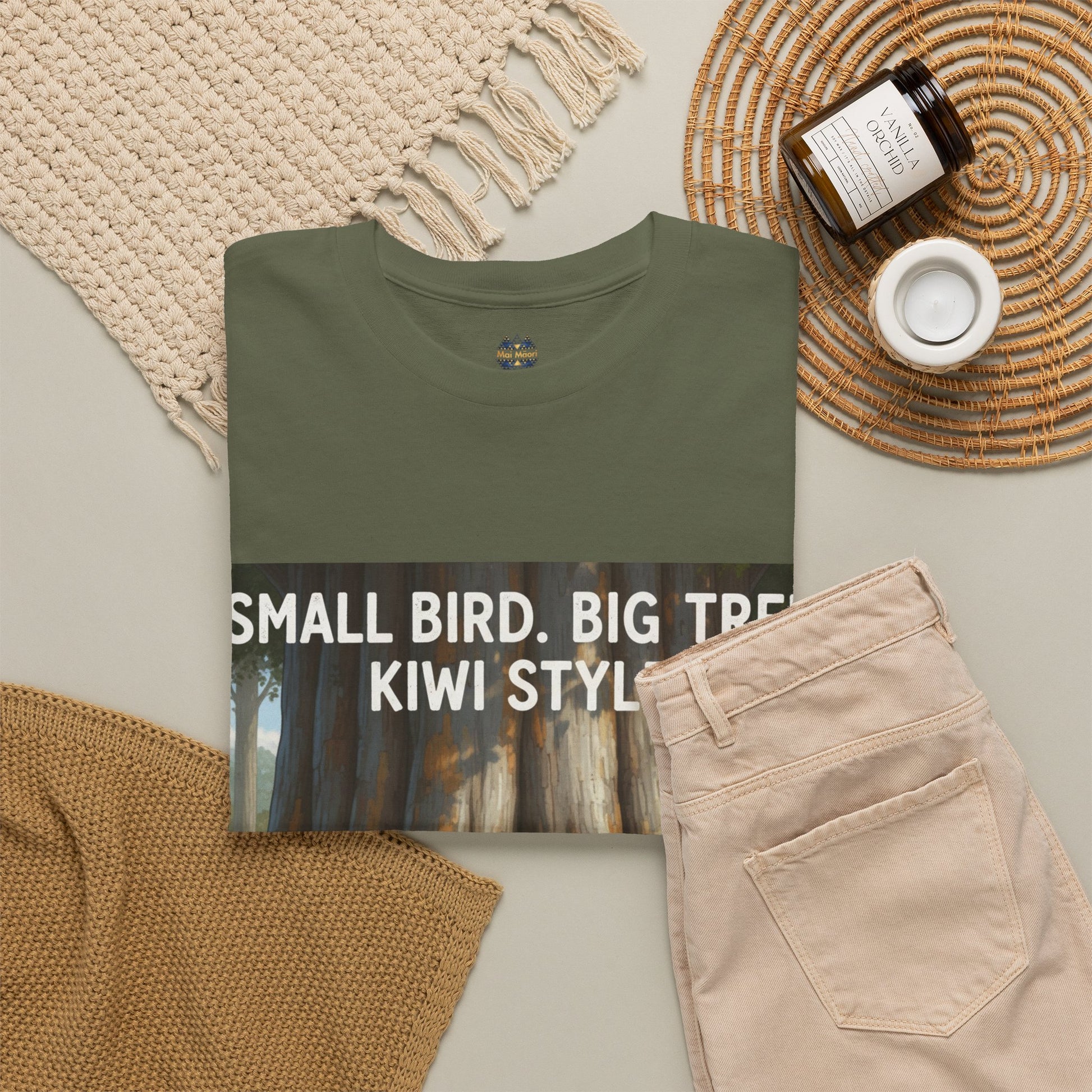 Forest green graphic T-shirt with partial front text and forest scene print