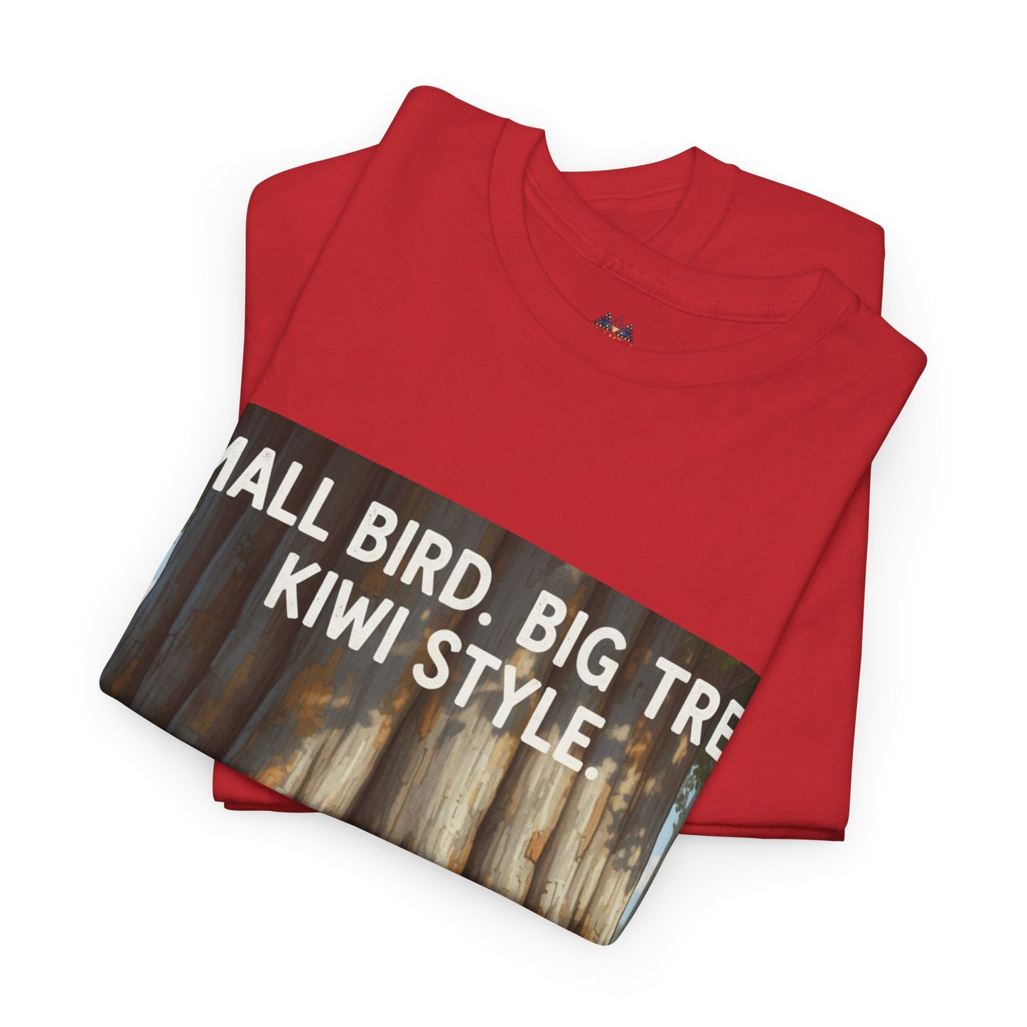 Red crew-neck T-shirt with front graphic panel, 'Kiwi Style' text and tree scene.