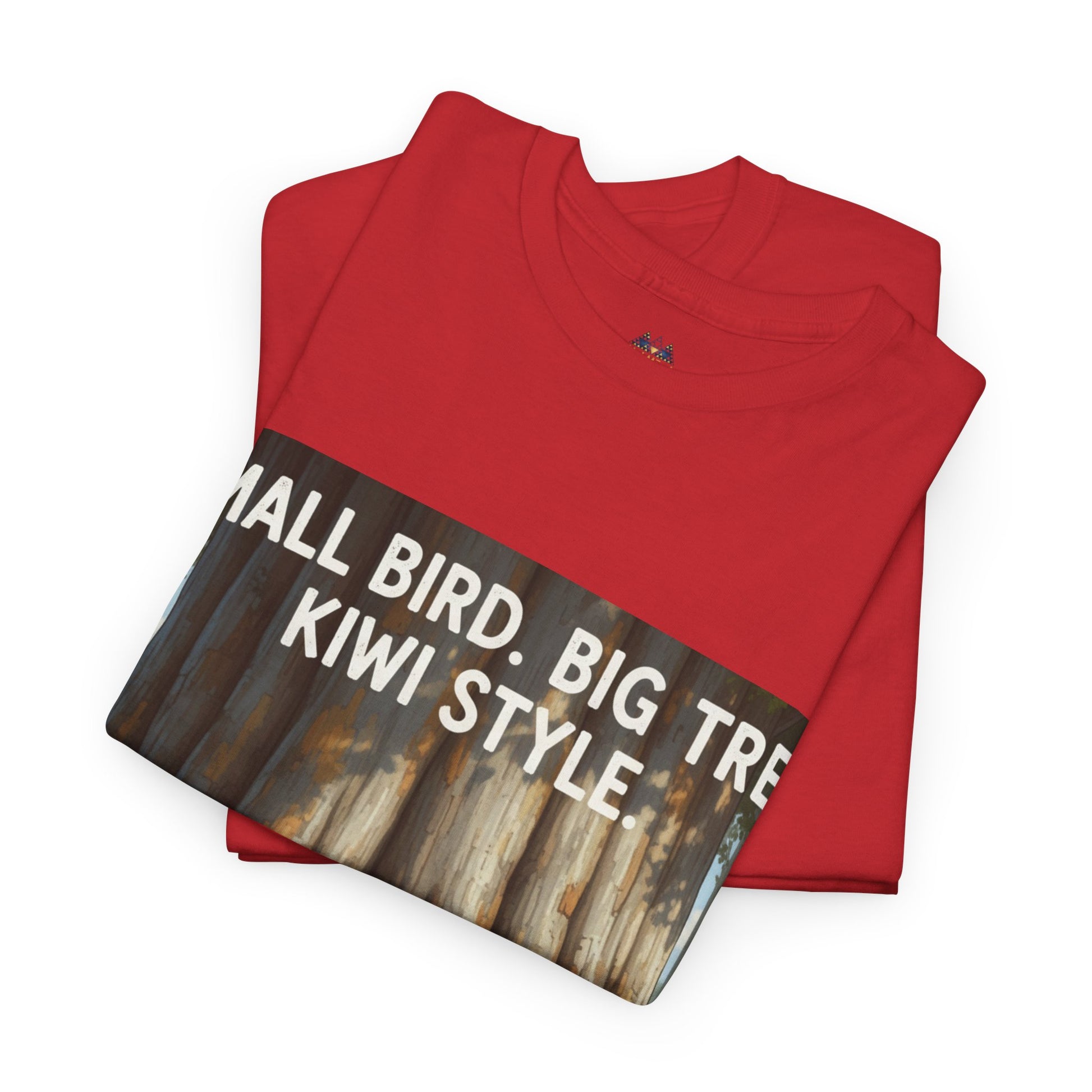 Red crew-neck T-shirt with front graphic panel, 'Kiwi Style' text and tree scene.