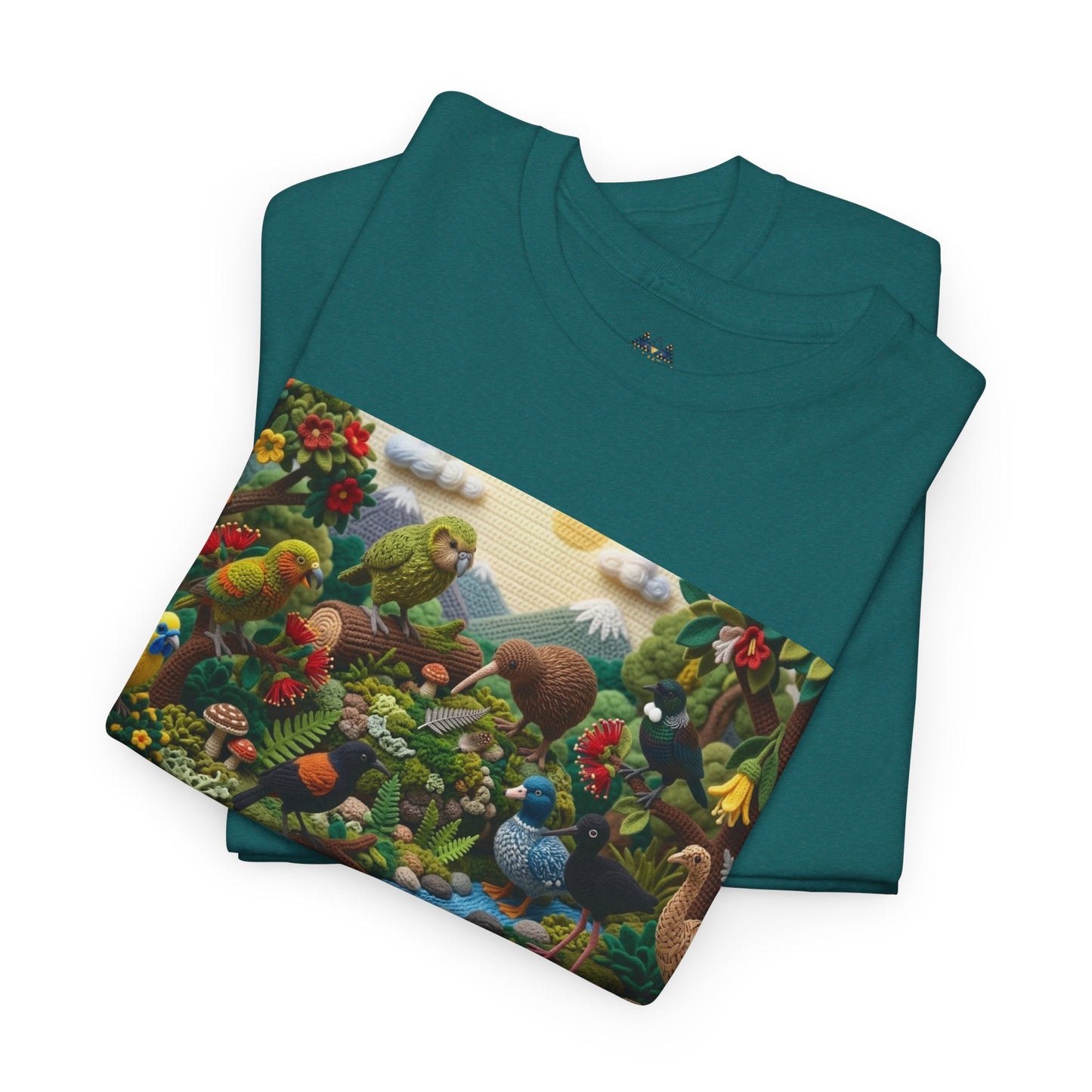 Teal T-shirt with large rectangular bird and foliage graphic print across chest.