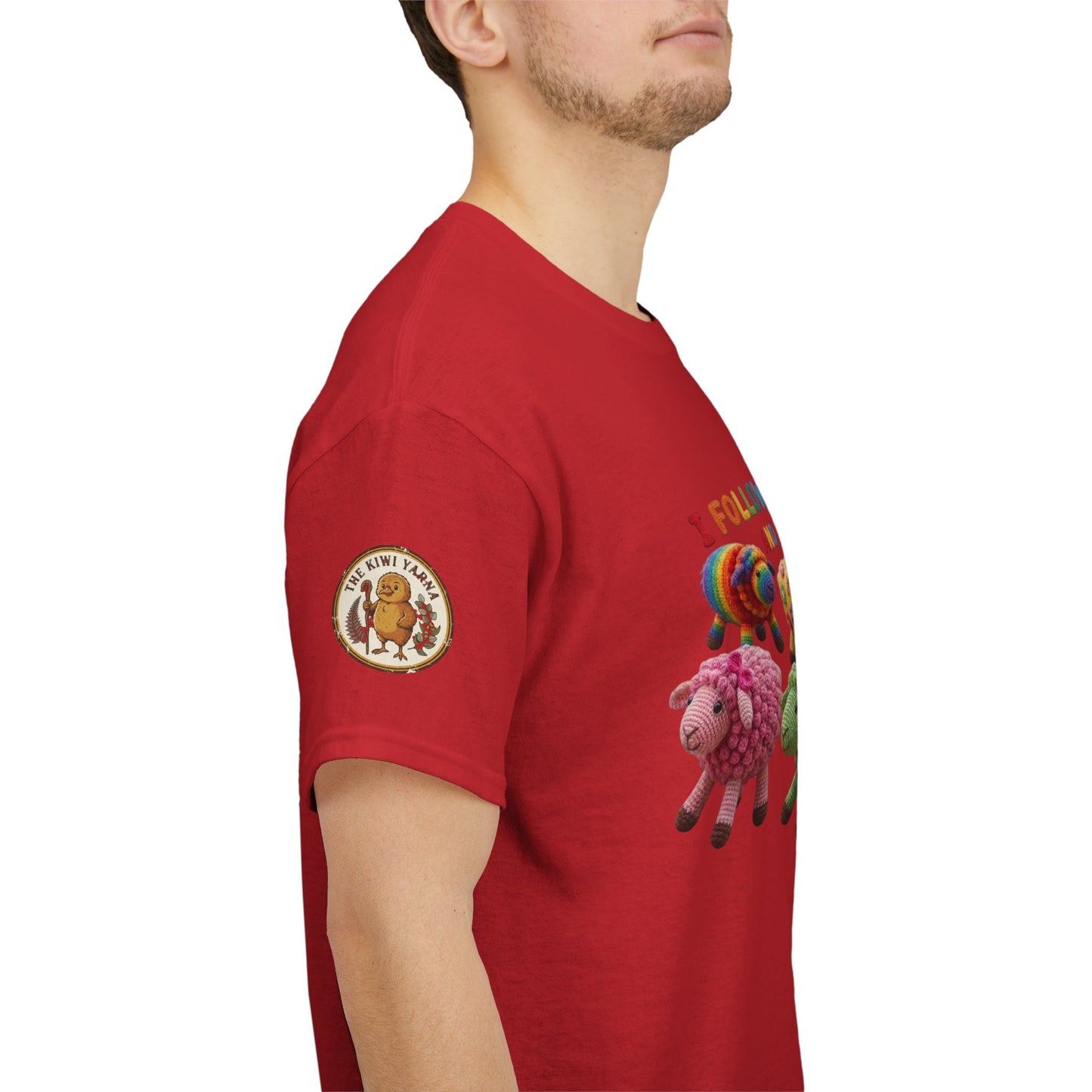 Red crewneck T-shirt with circular sleeve patch and colorful sheep graphic