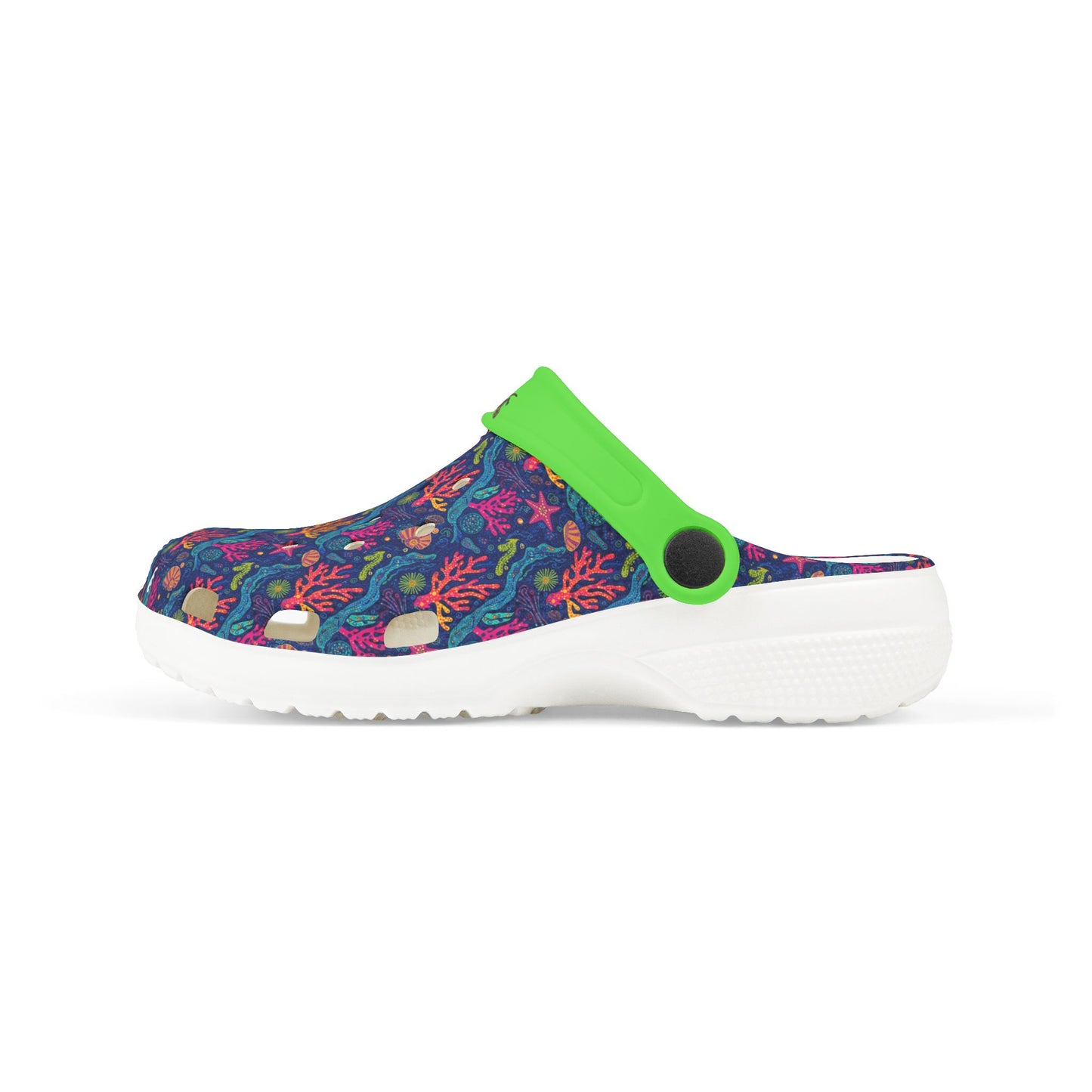 Casual clog in blue/purple with coral print, green strap, white outsole.