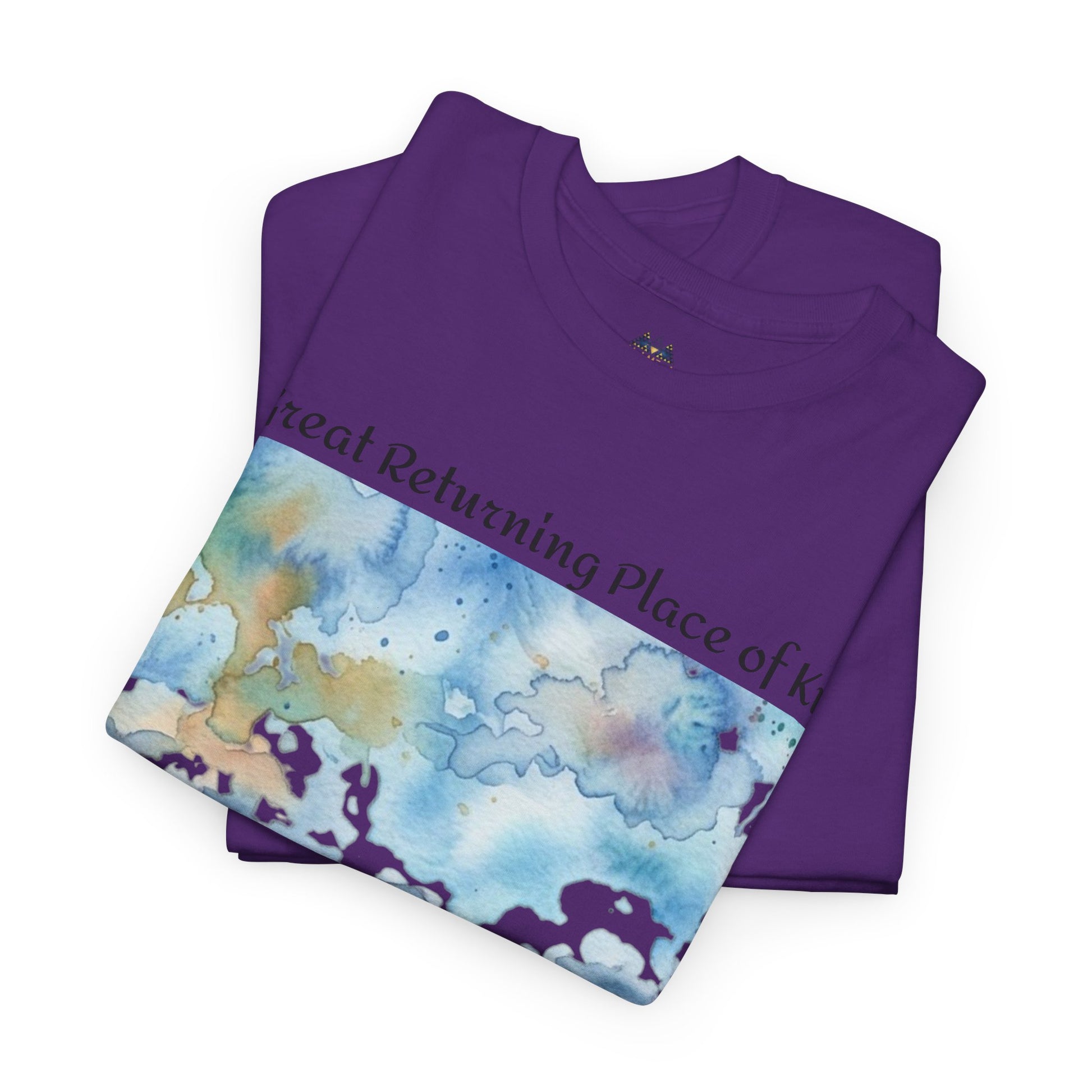 Purple crew-neck graphic T-shirt, folded, with landscape panel front print.