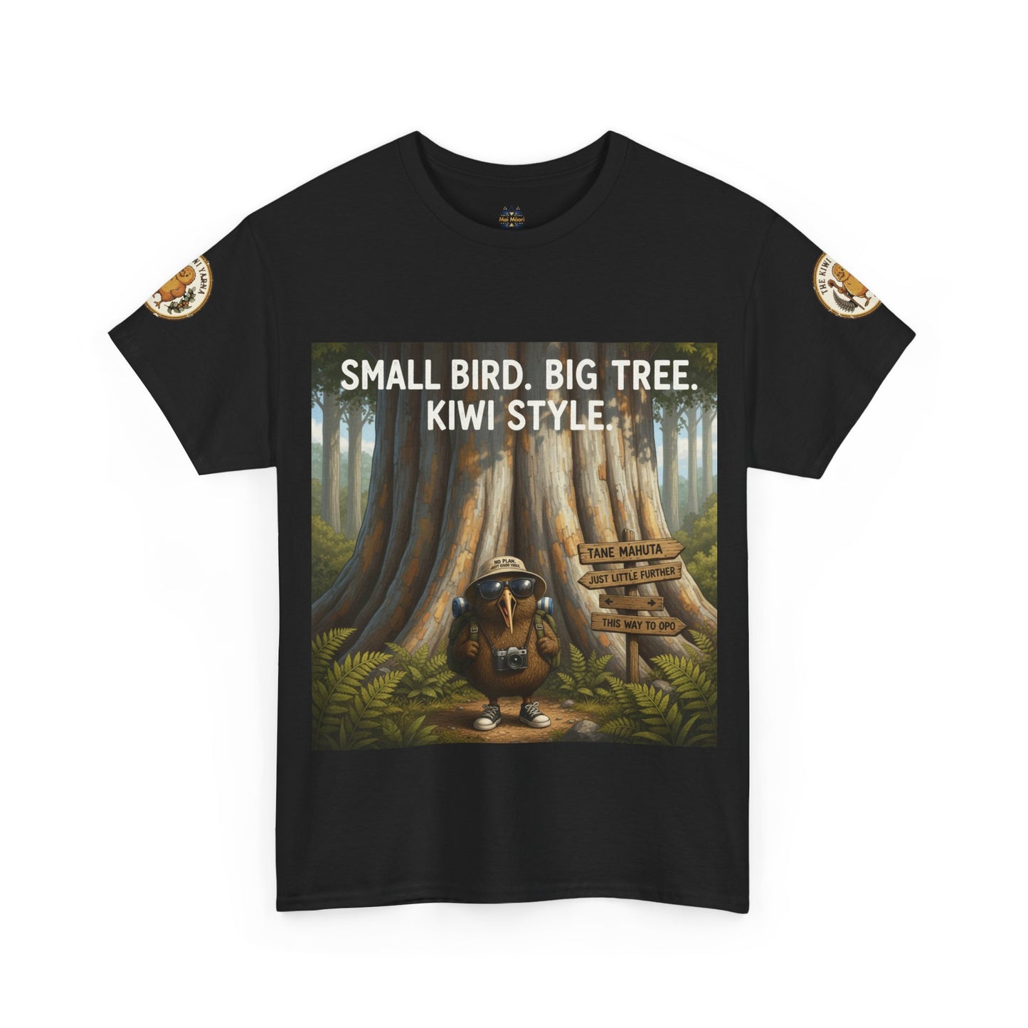 Black crewneck T-shirt with front graphic of kiwi in forest and logo sleeve patches