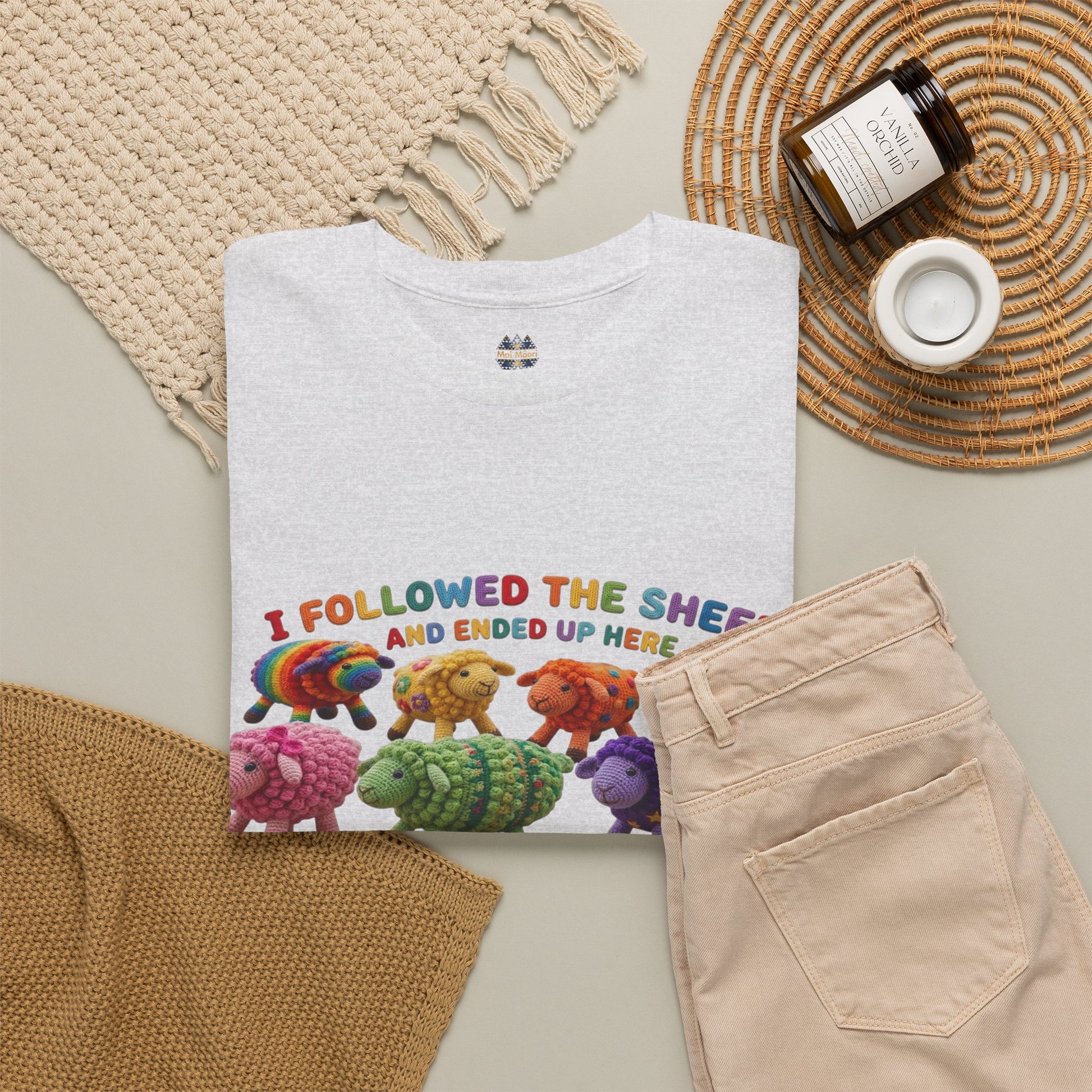 Folded white crewneck graphic T-shirt with colorful sheep illustration on the front