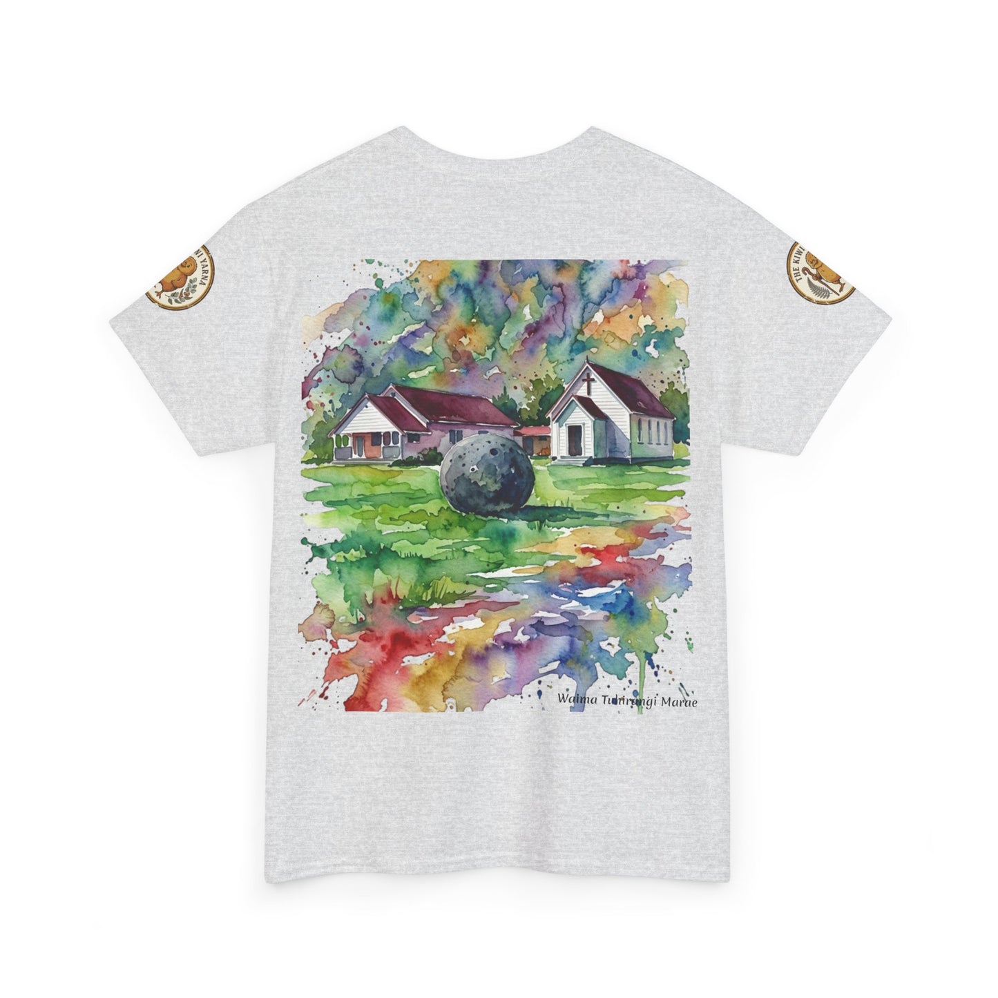 Heather gray graphic t-shirt with watercolor house and landscape print on the front