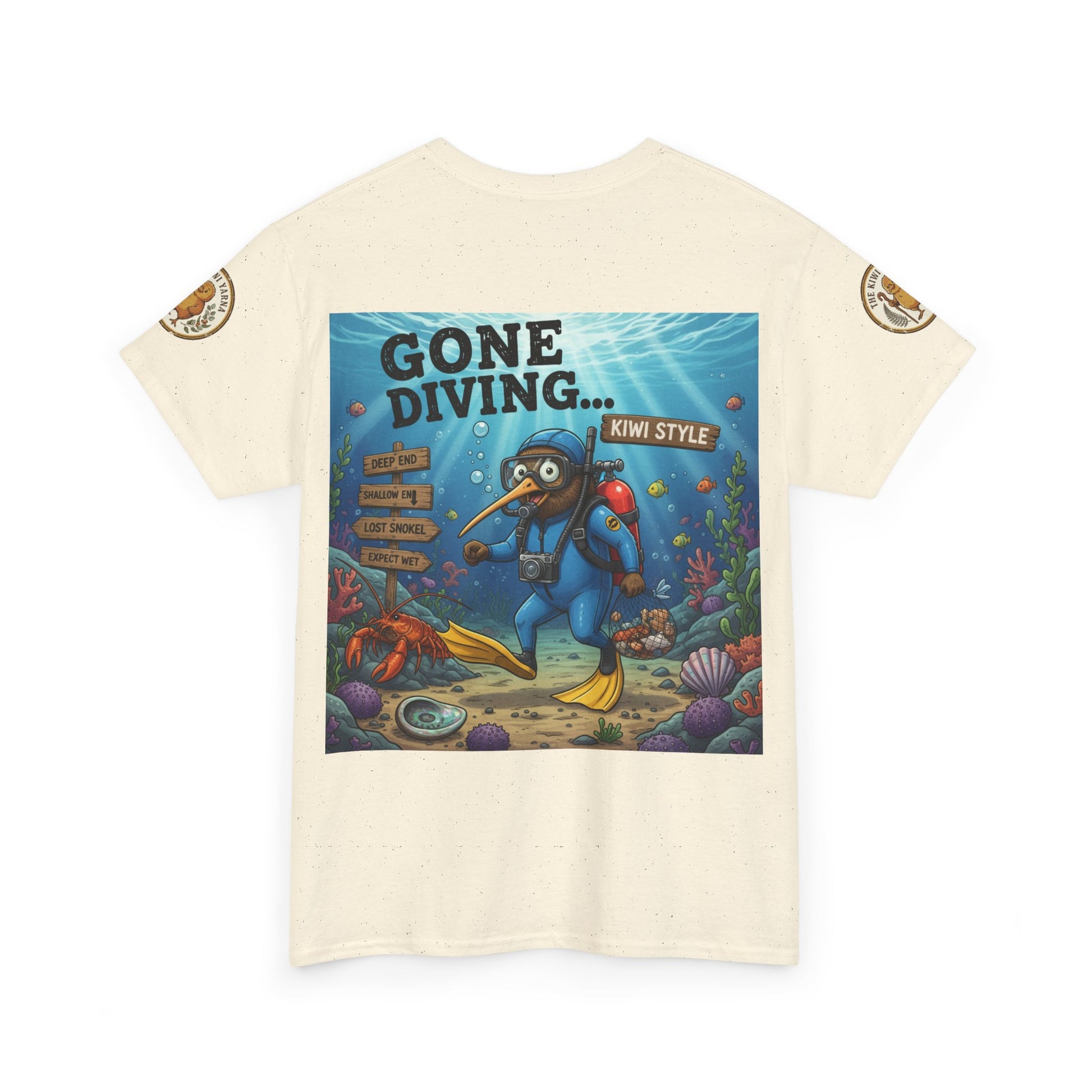 Off-white kids graphic T-shirt back view with diver cartoon square print