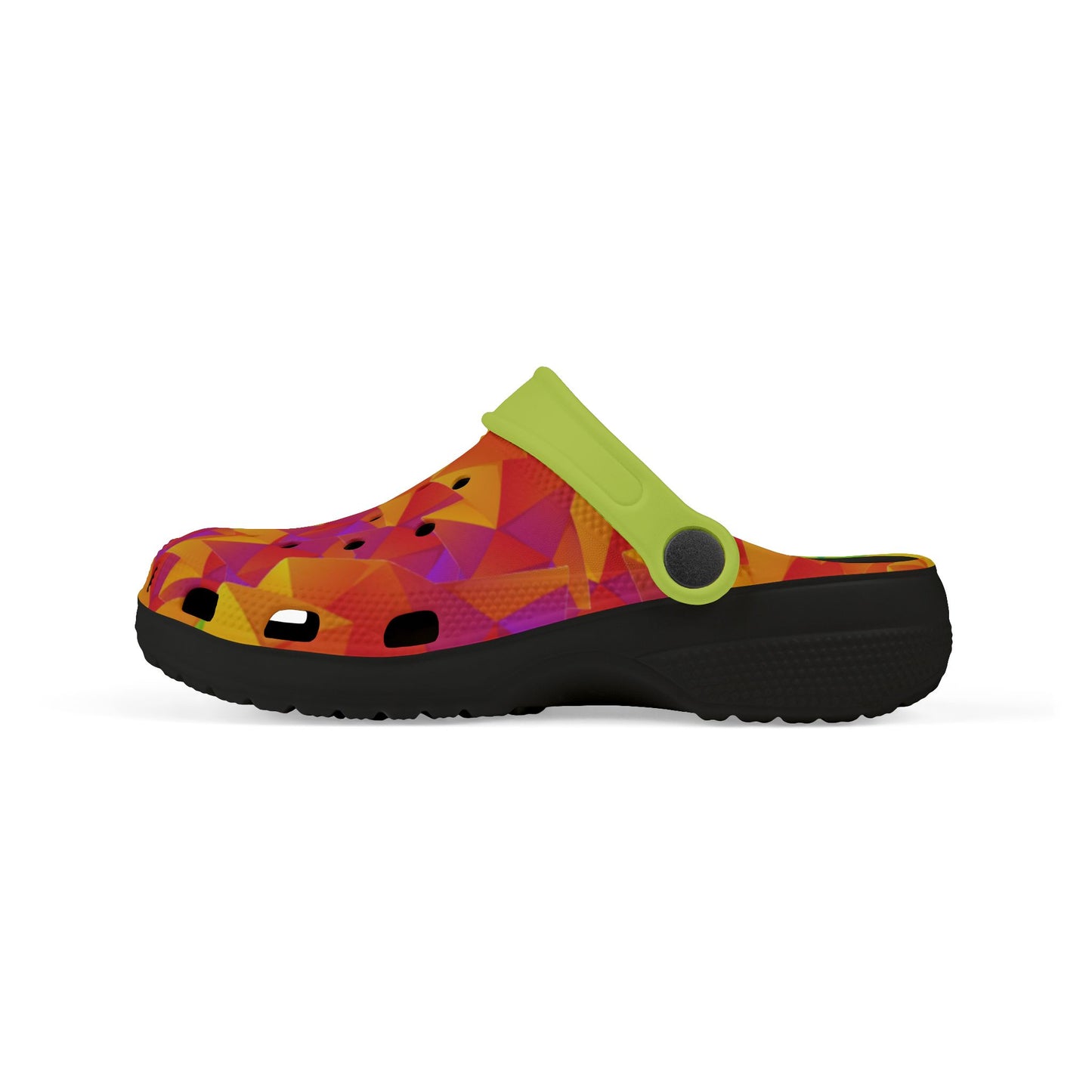 Ahi multicolor red/orange clog with lime accent and black sole, side view