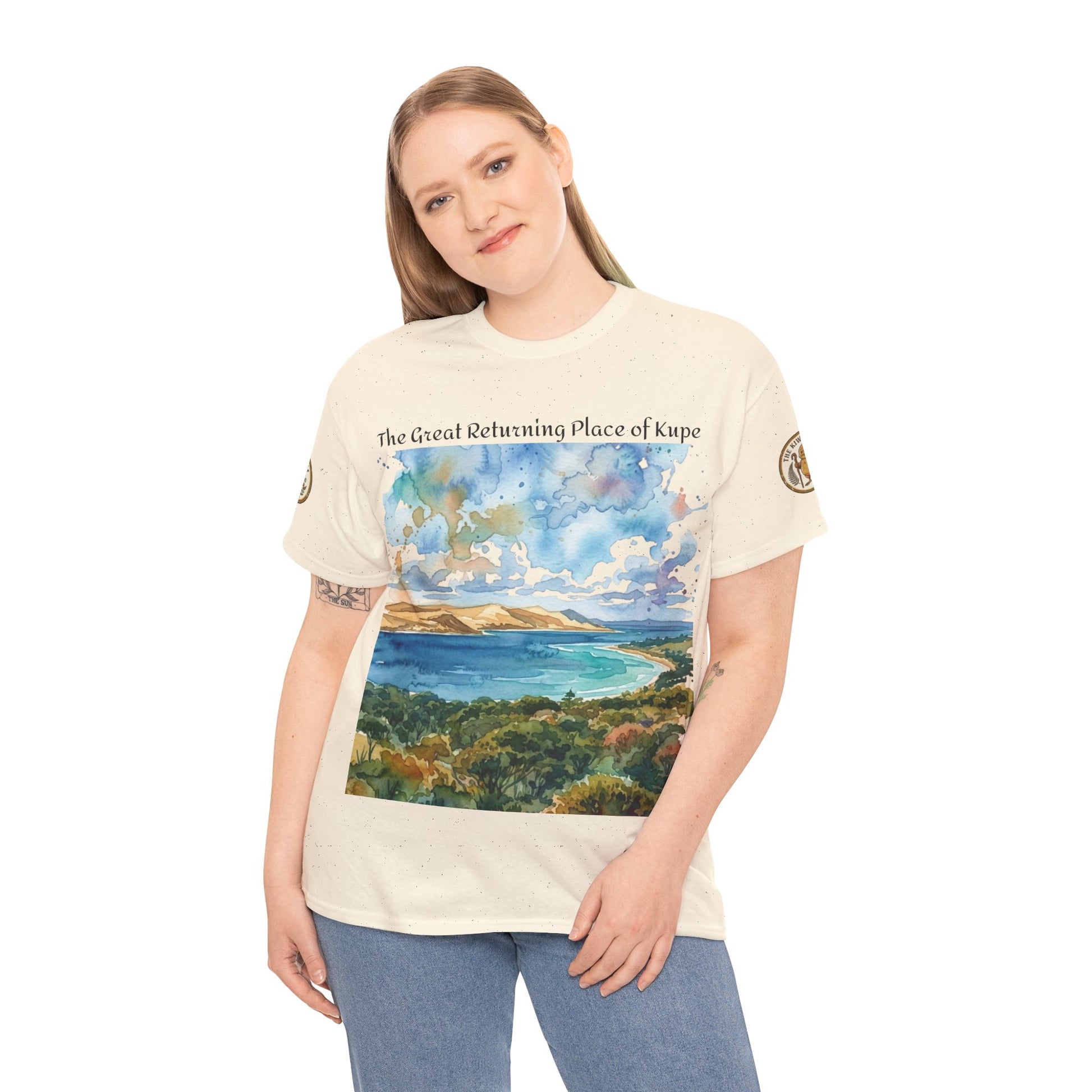 Cream T-shirt worn by model with front landscape print and shoulder logo patches