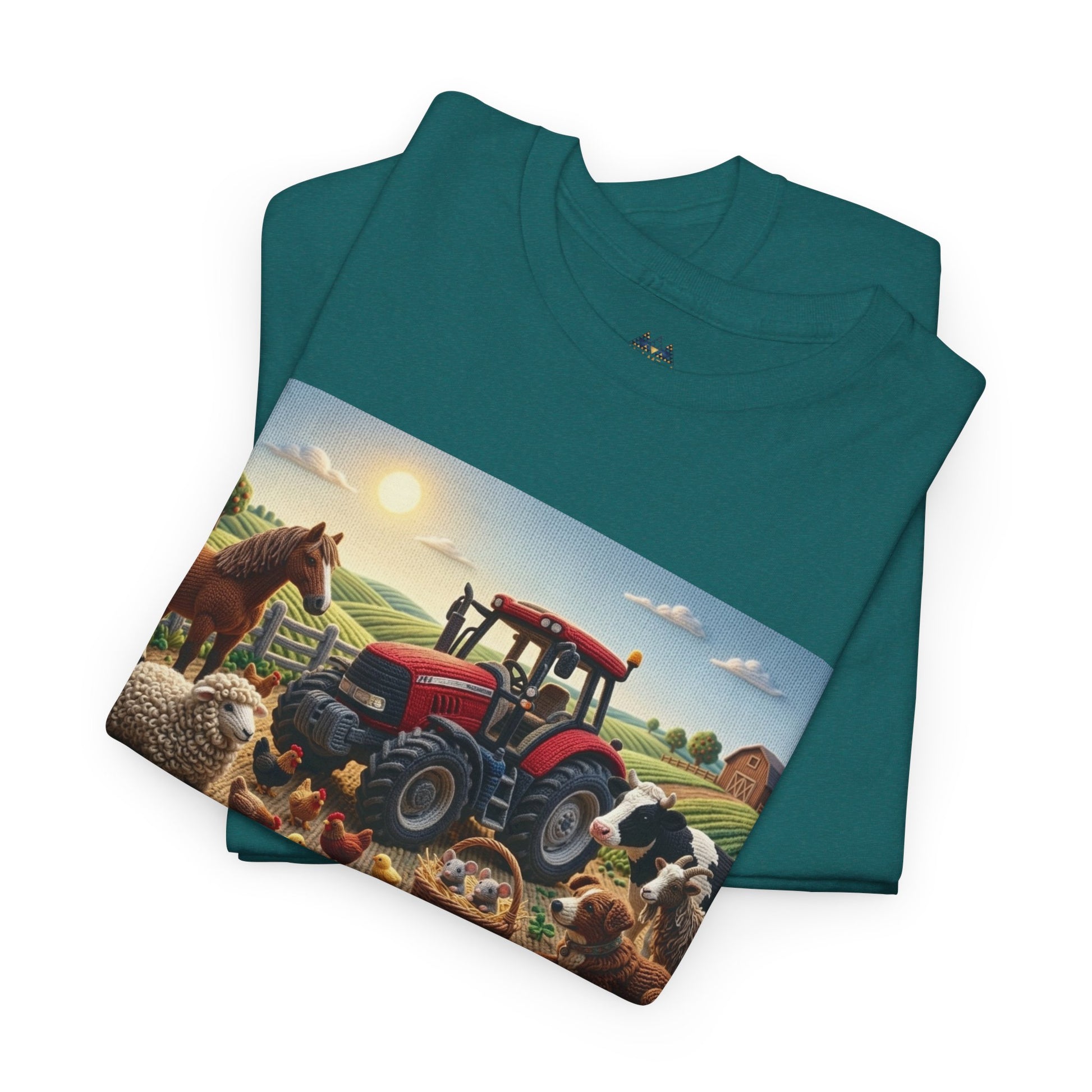 Teal T-shirt with tractor and farm animals graphic print