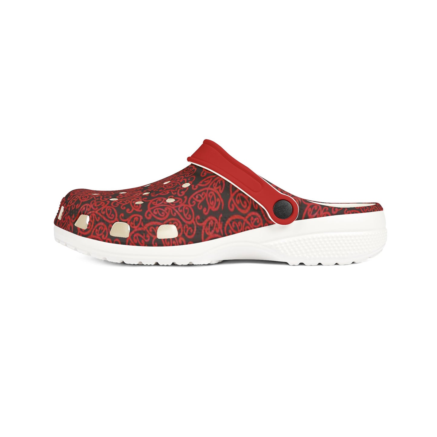 Red patterned slip-on clog shoe with round black button strap and white outsole