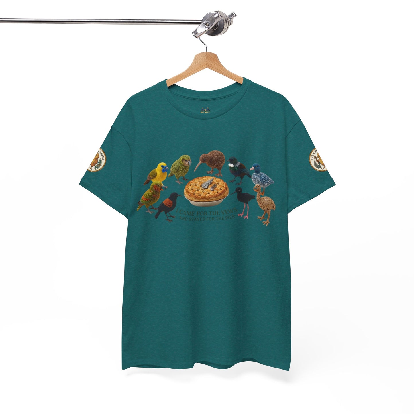 Teal short-sleeve T-shirt with colorful bird and pizza graphic, sleeve patch details
