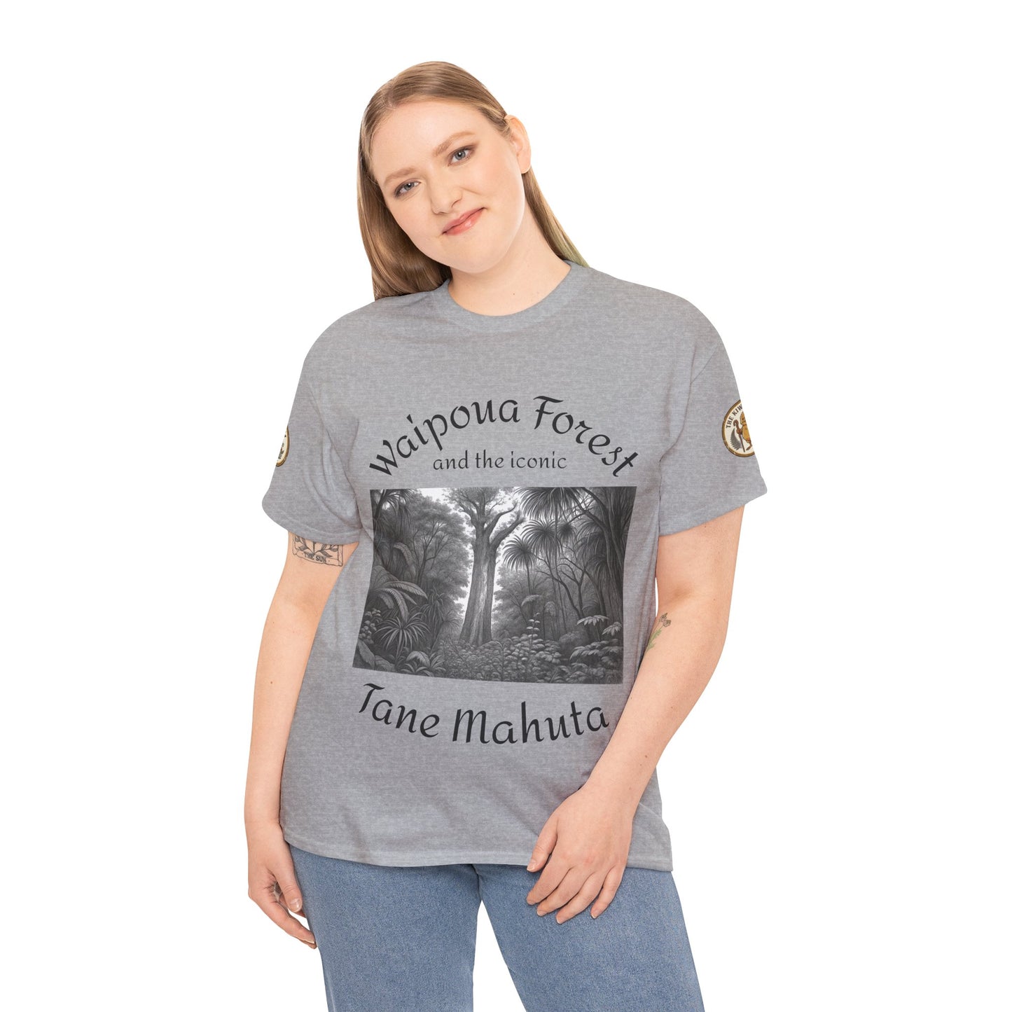Heather gray graphic t-shirt on model with forest scene and 'Tane Mahuta' print
