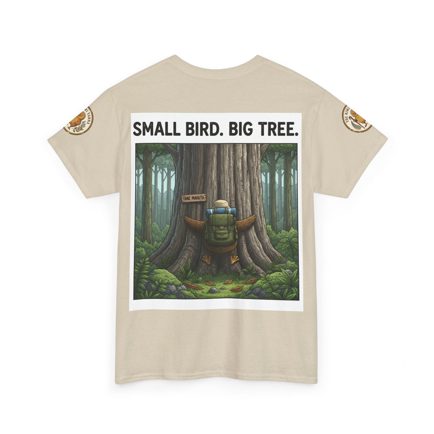 Beige graphic T-shirt with front 'SMALL BIRD. BIG TREE.' print and round sleeve patch