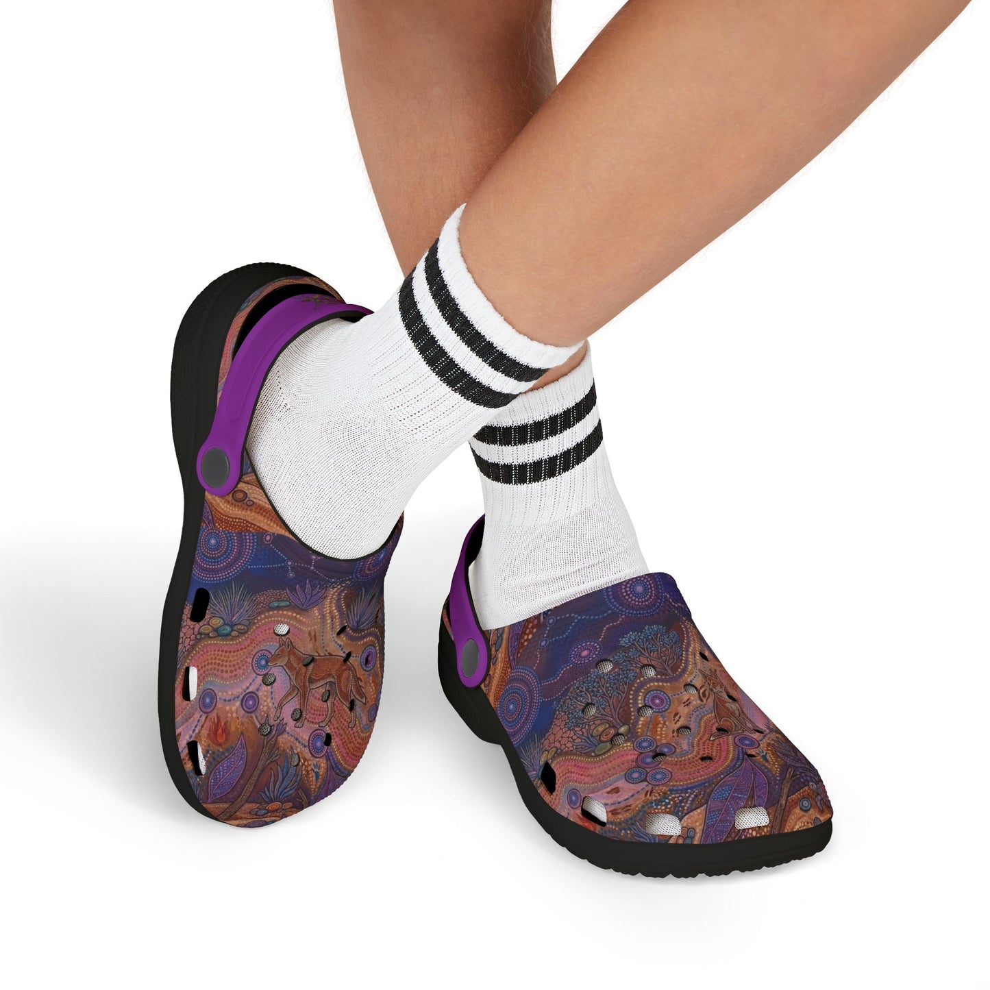 Purple printed clog shoes with purple heel strap and dark rubber sole