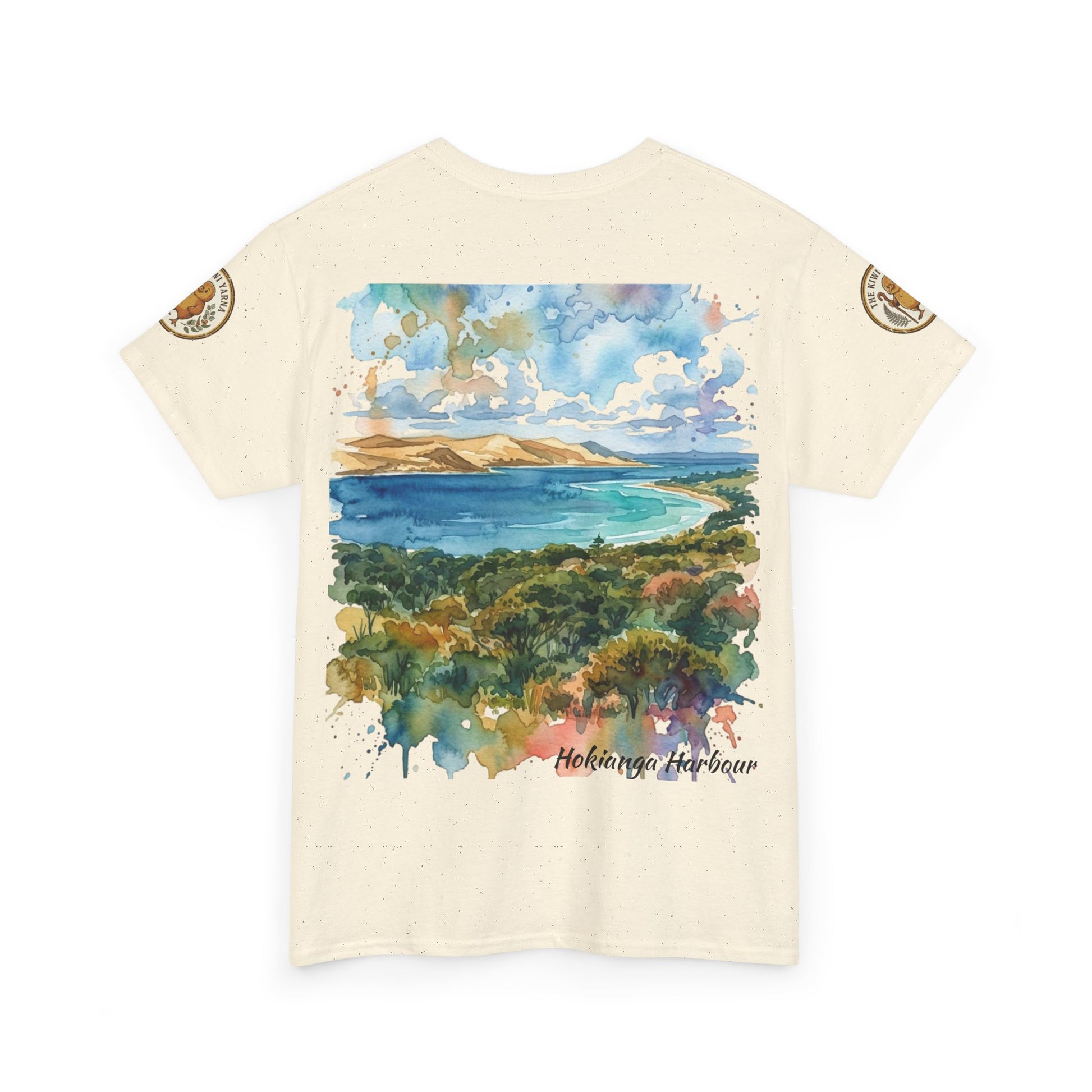 Cream T-shirt with front landscape graphic and small shoulder logo patches