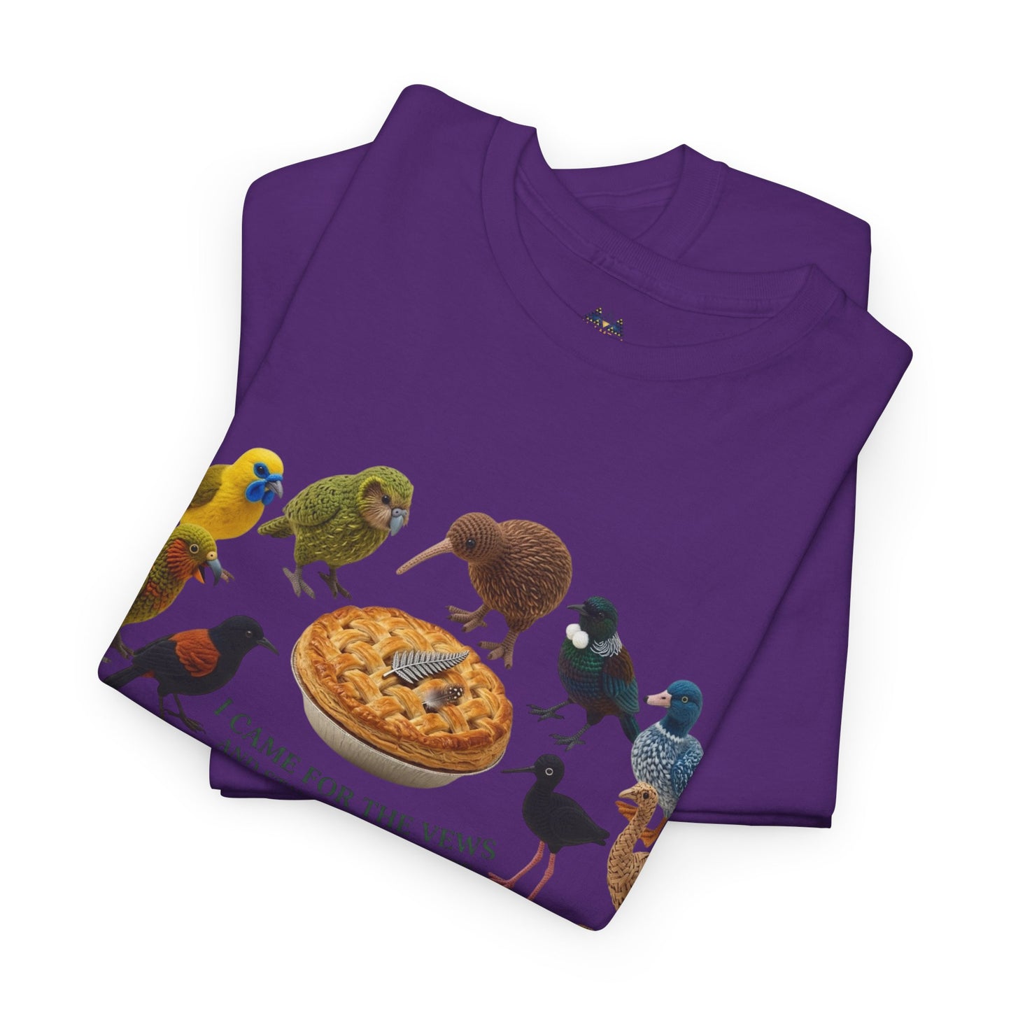 Purple graphic T-shirt with birds and pie-style emblem on top