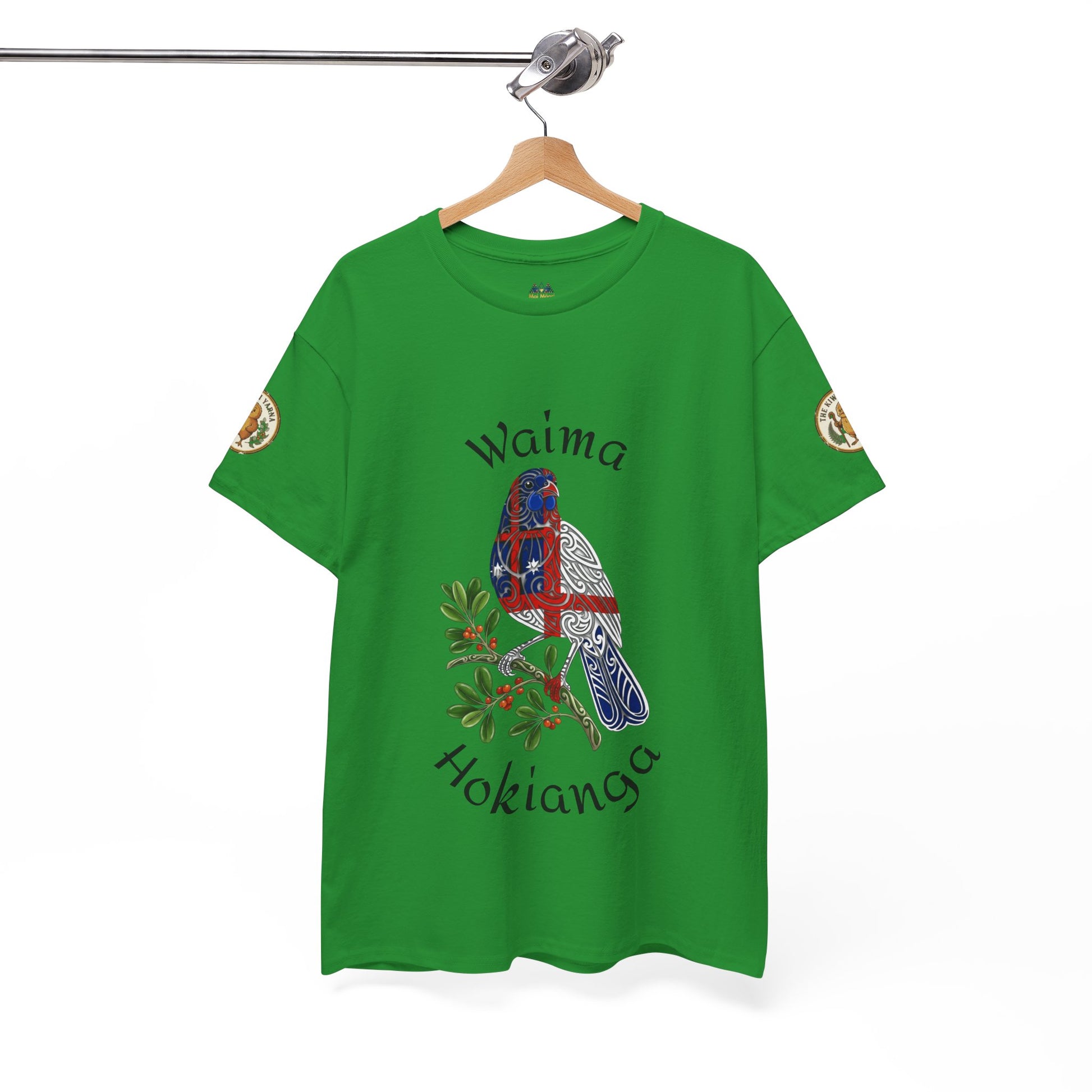Green T-shirt with colorful bird graphic and arched text print on front