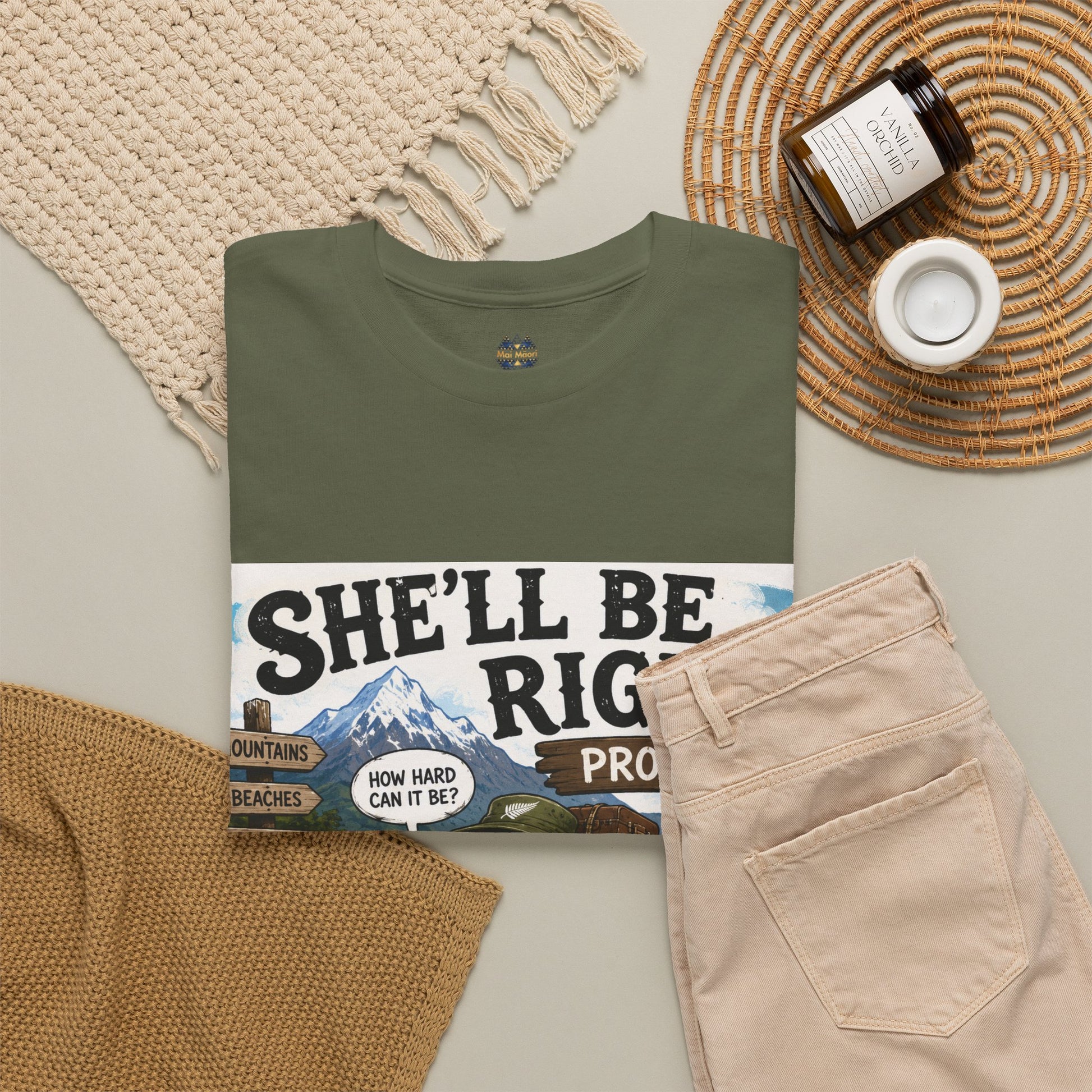 Dark green graphic T-shirt plus folded light beige T-shirt with matching front print.