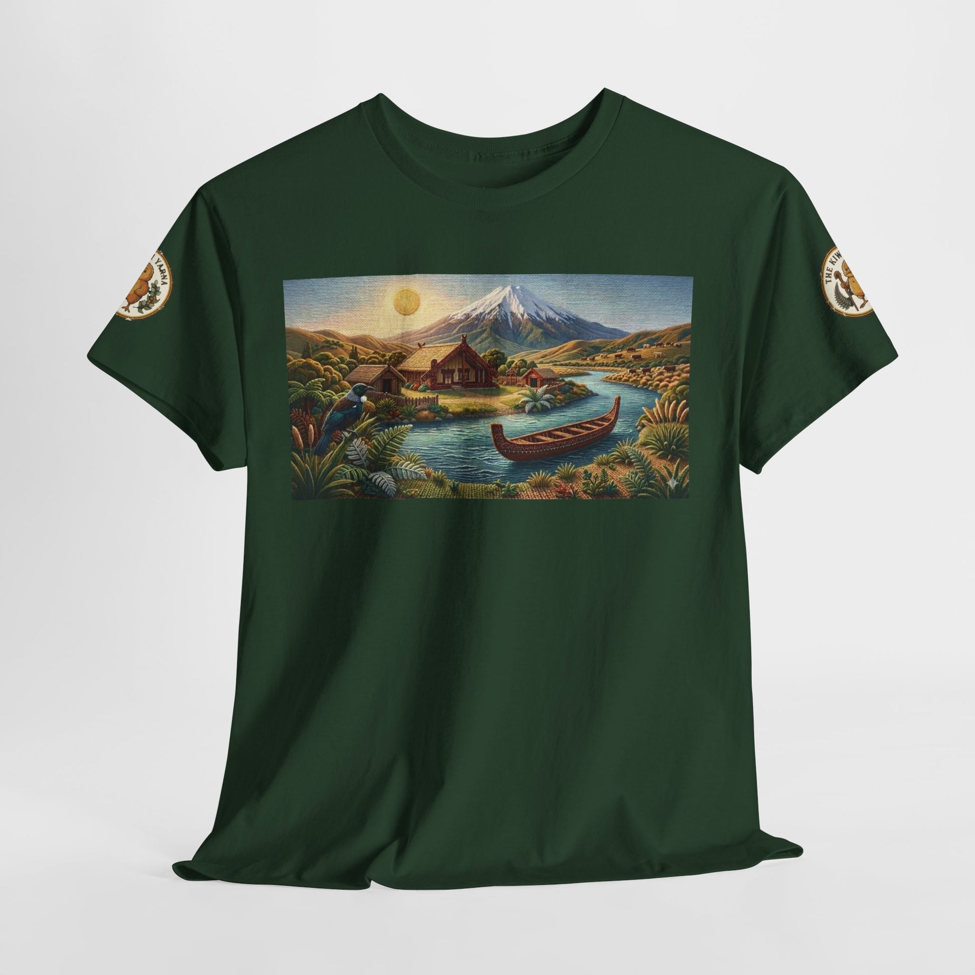 Dark green graphic T-shirt with round neck, front landscape print, and sleeve patches