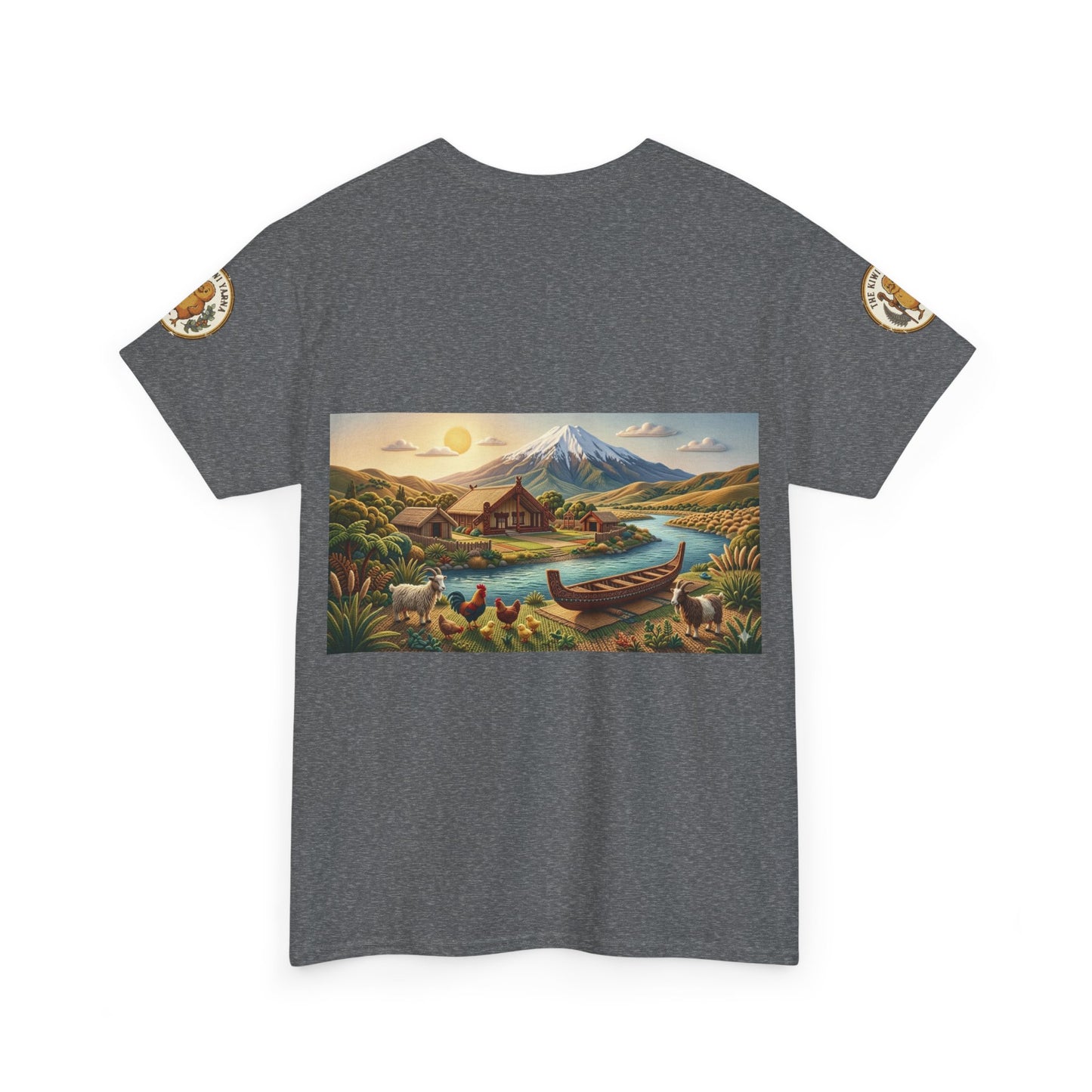 Dark gray graphic T-shirt with round neck, front landscape print, and sleeve patches