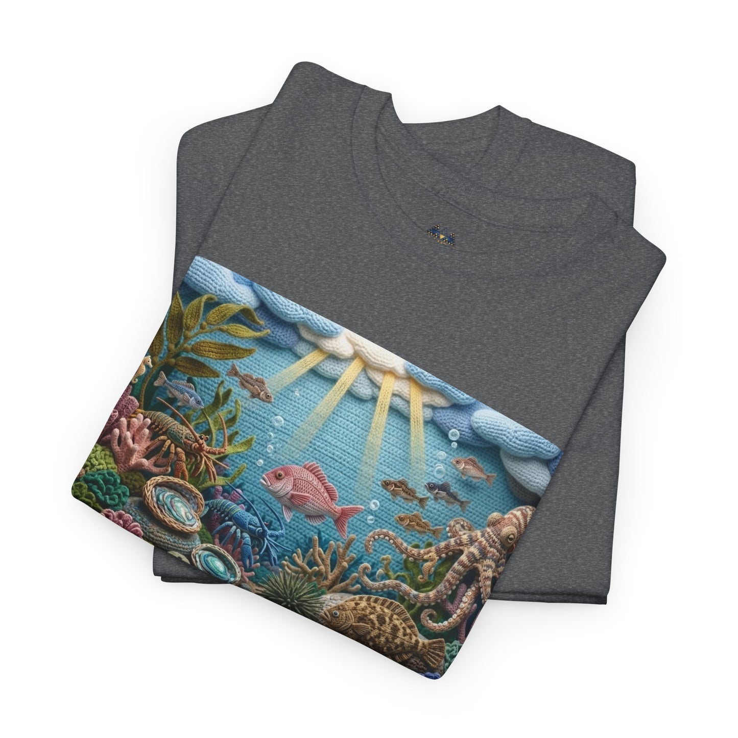 Heather gray crew-neck T-shirt with rectangular undersea scene graphic on chest