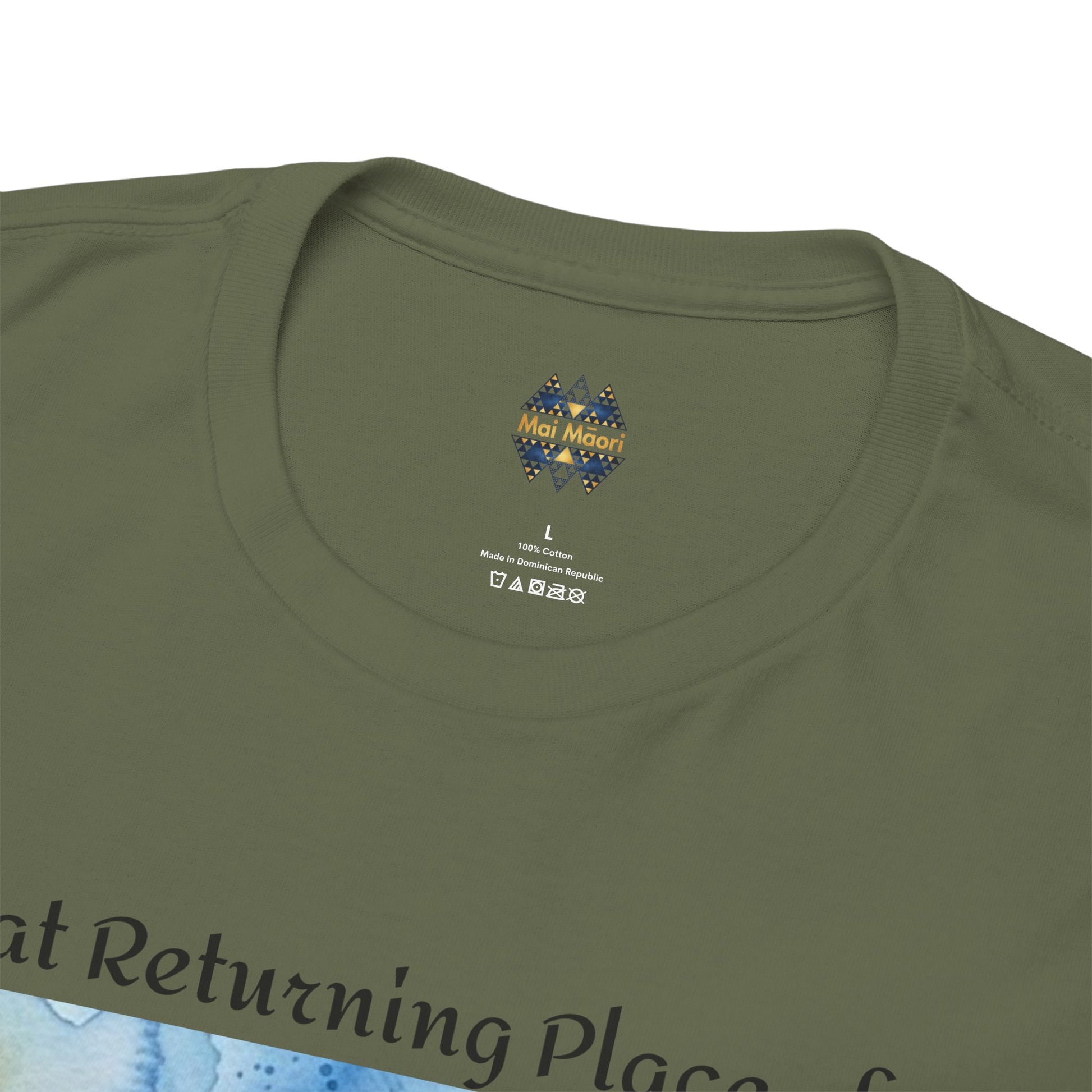Olive green T-shirt chest logo detail and crew neck, with partial landscape print