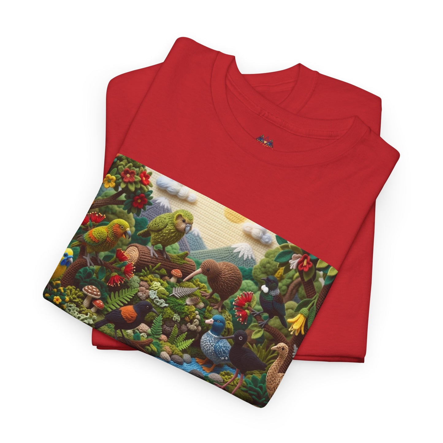 Red short-sleeve T-shirt with colorful birds-and-forest rectangular chest graphic