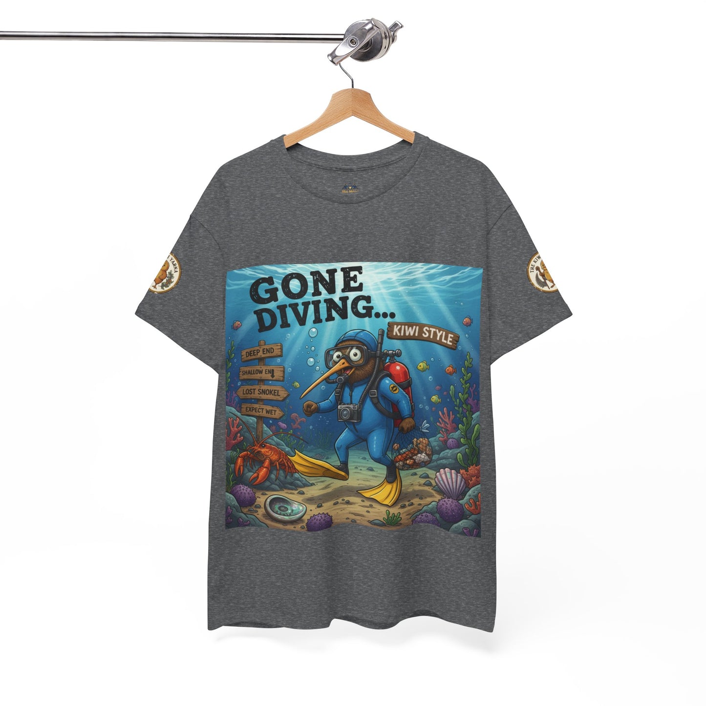 Heather gray T-shirt with ocean diver graphic print on front; crew neck