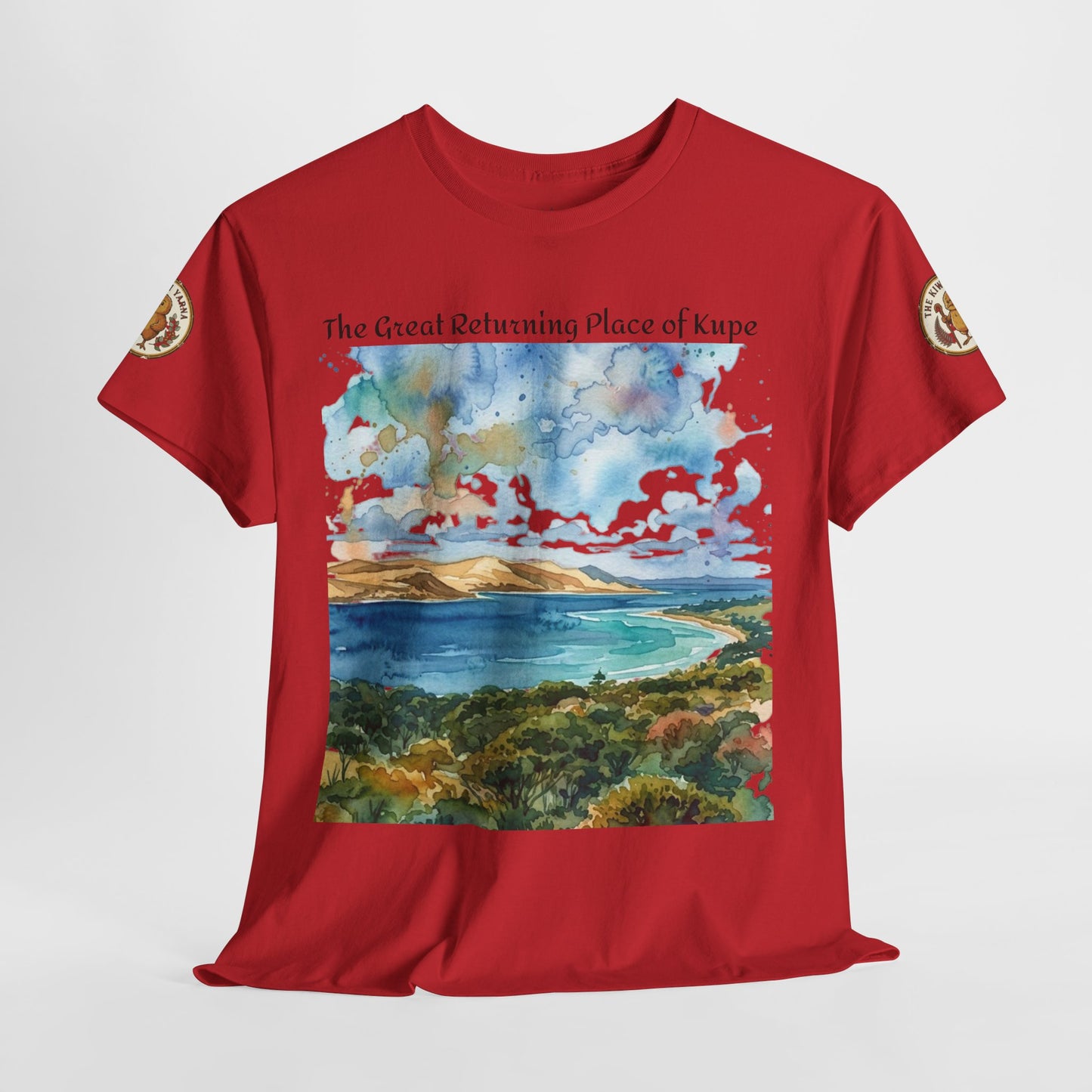 Red crewneck T-shirt with front watercolor landscape and world map panel