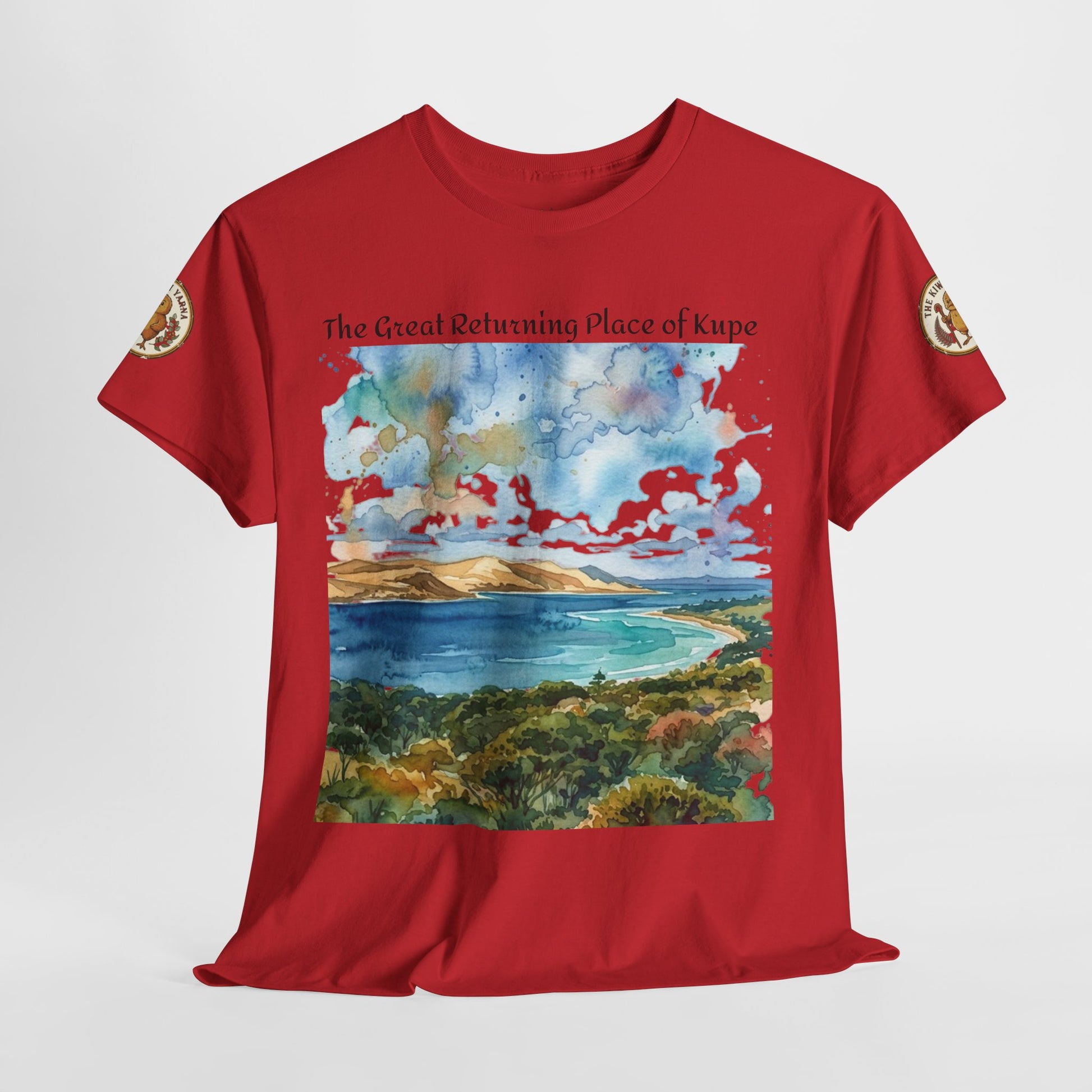 Red crewneck T-shirt with front watercolor landscape and world map panel