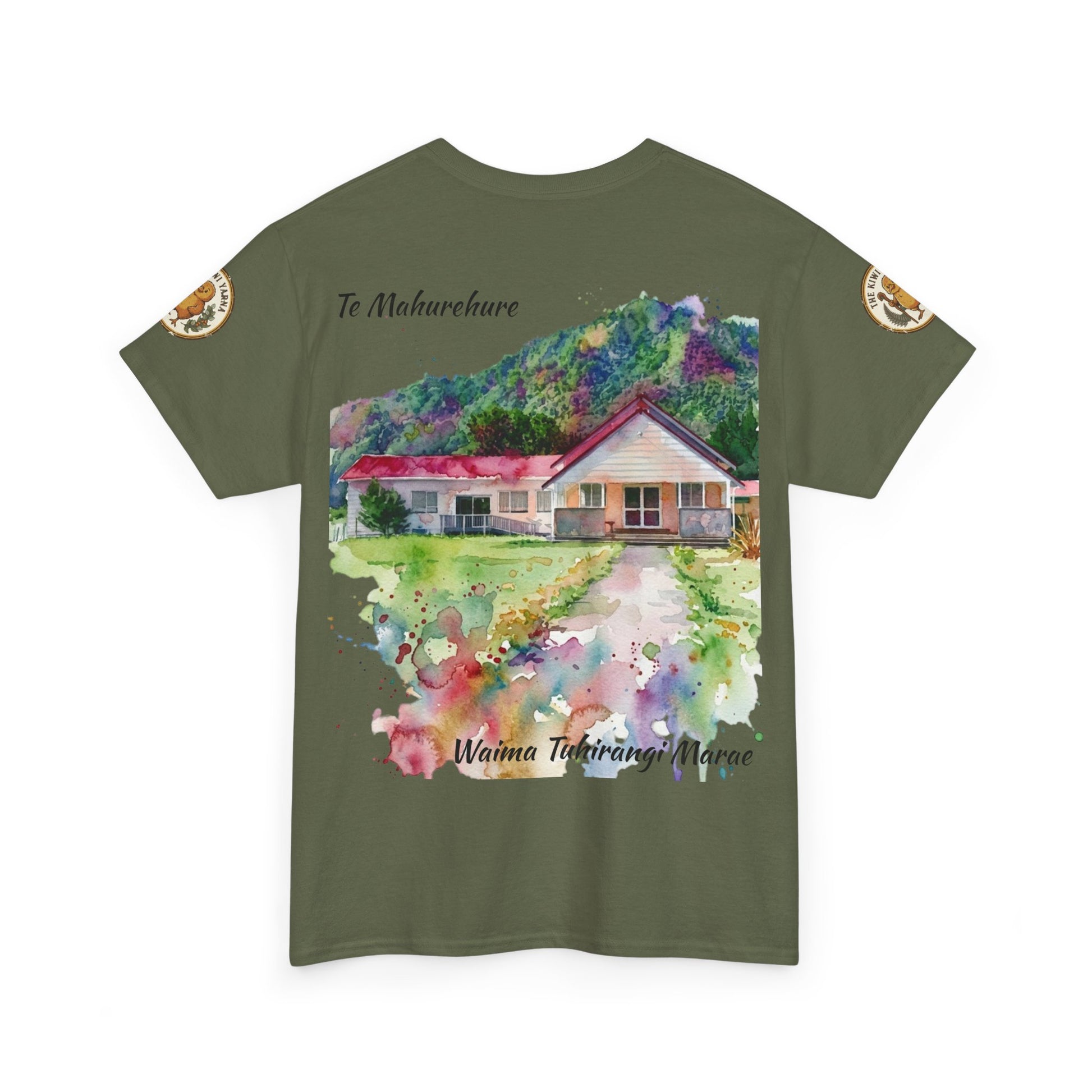 Olive green graphic T-shirt with house scene watercolor front print