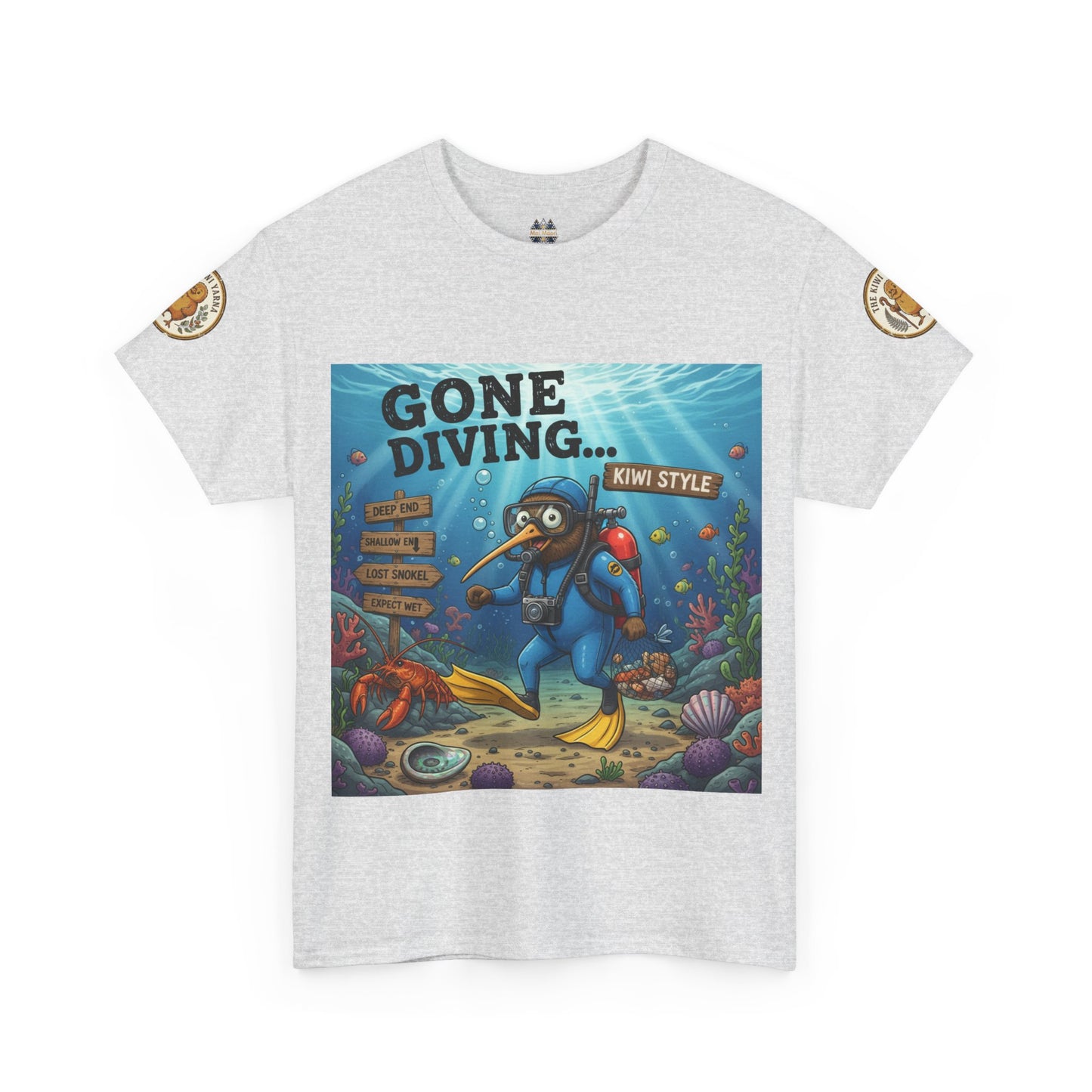 Light gray crew-neck T-shirt with ocean diver graphic and round sleeve patches