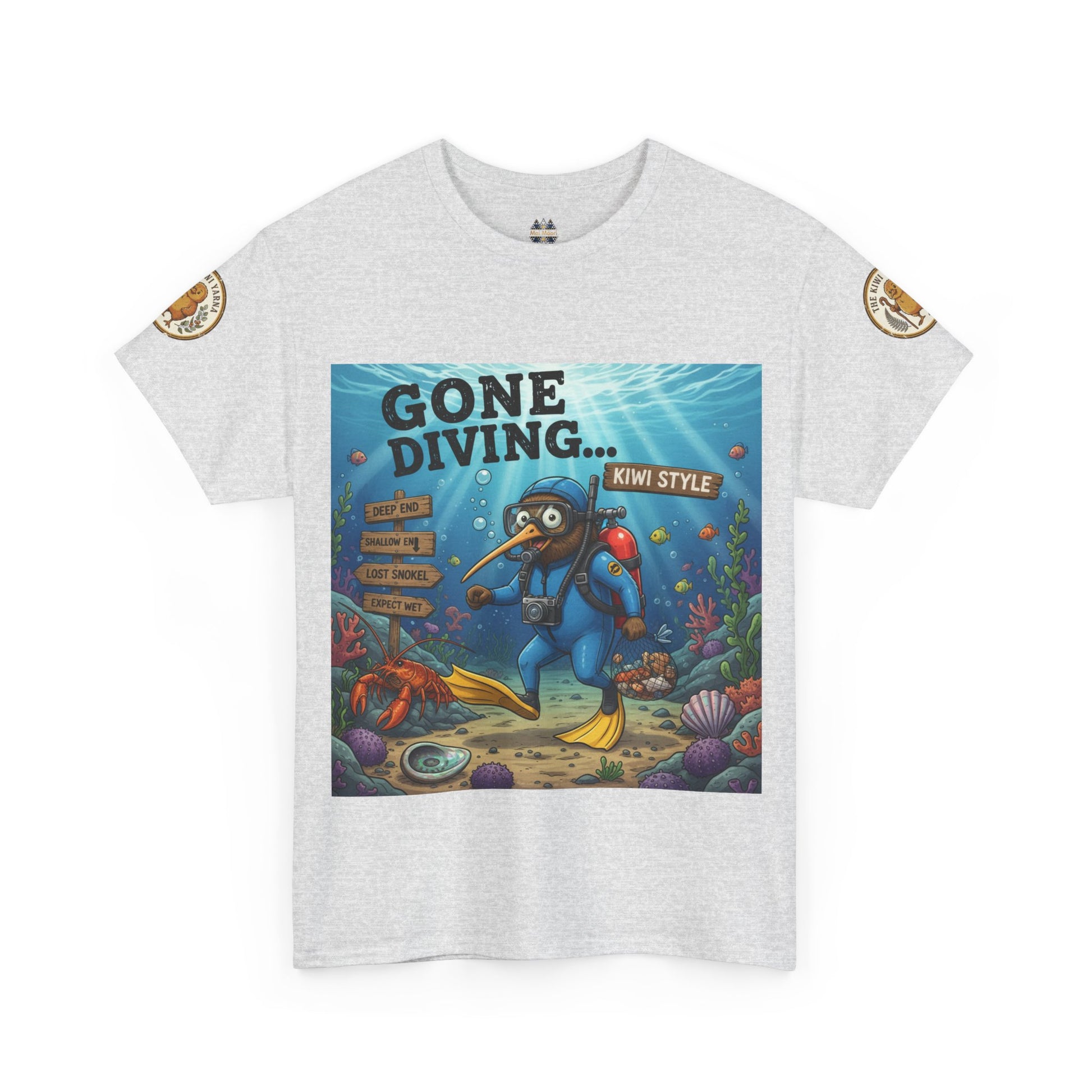 Light gray crew-neck T-shirt with ocean diver graphic and round sleeve patches