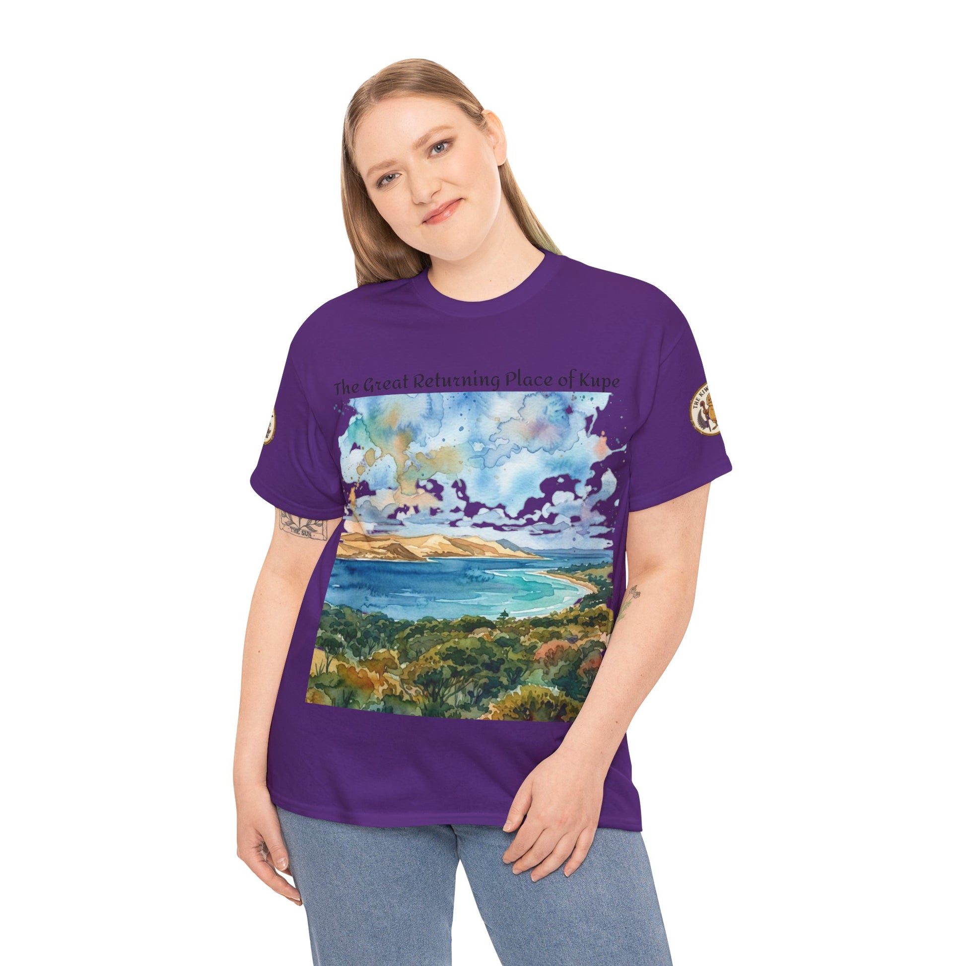 Purple crew-neck graphic T-shirt on model, featuring landscape panel front print.