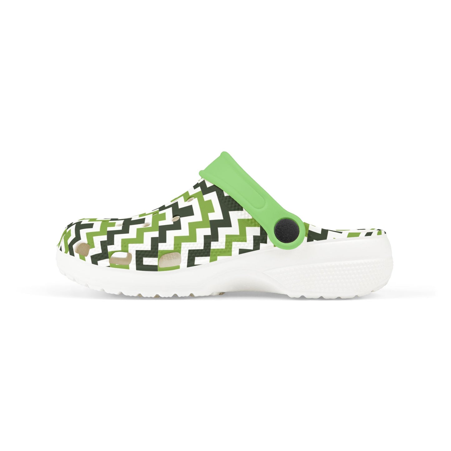 Zigzag clog sandals with green strap and white sole, patterned upper