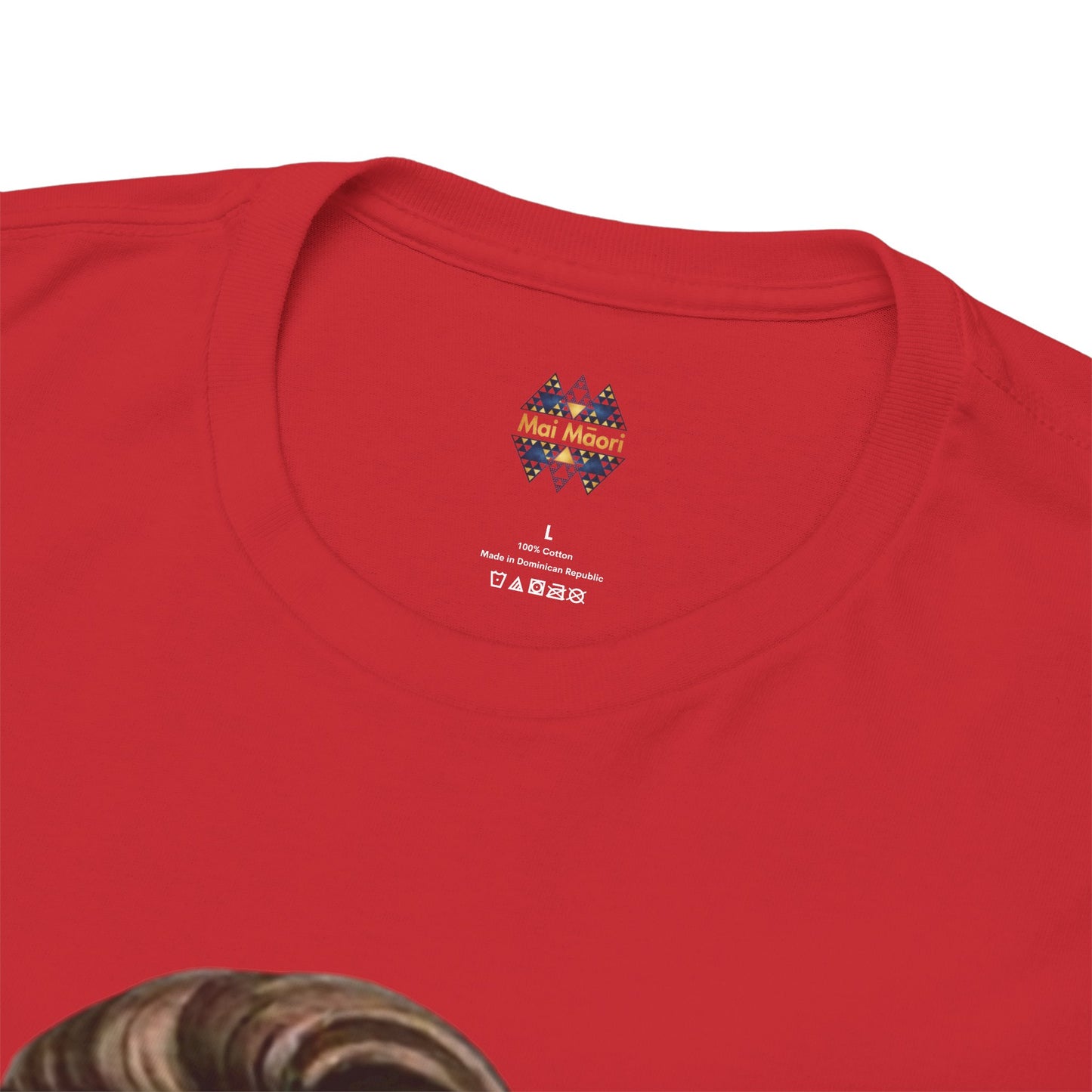 Red graphic T-shirt neckline close-up with small chest logo and crew collar.