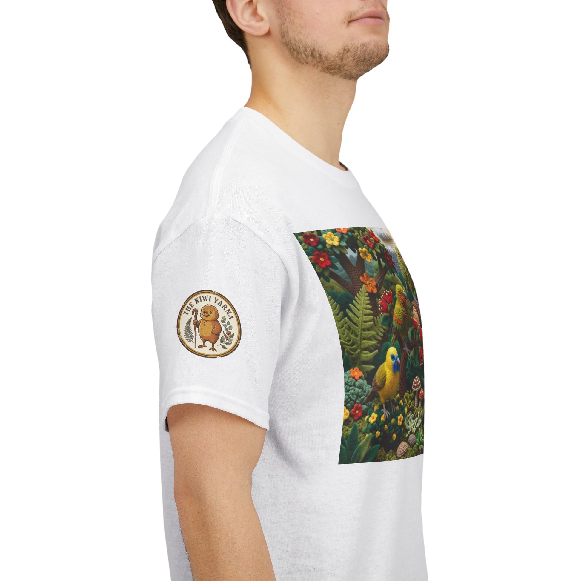 White graphic T-shirt with birds and wildlife scene panel on chest