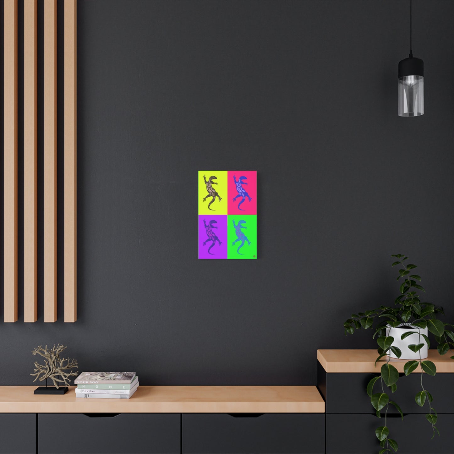 Neon lizard wall art in a small square layout with color-split blocks