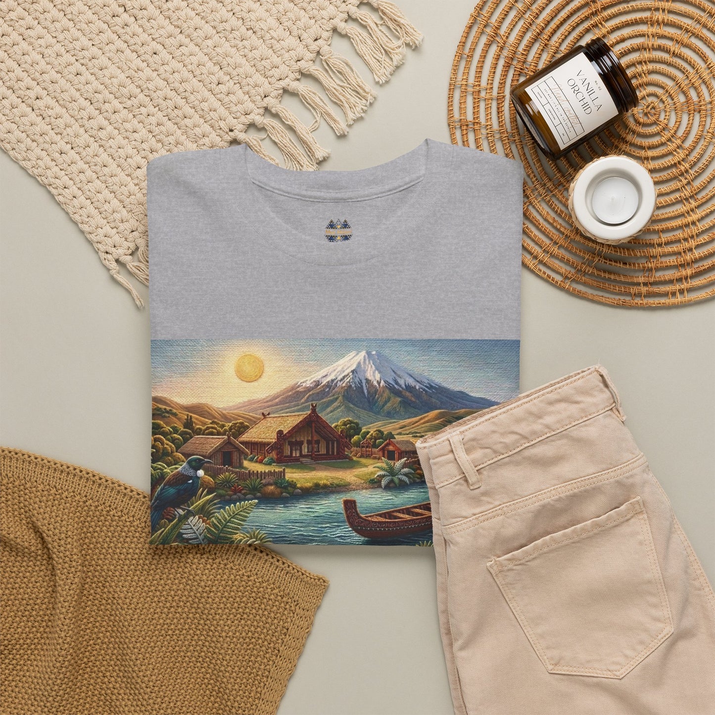 Heather gray graphic t-shirt with landscape print panel and small chest emblem, flat-lay view