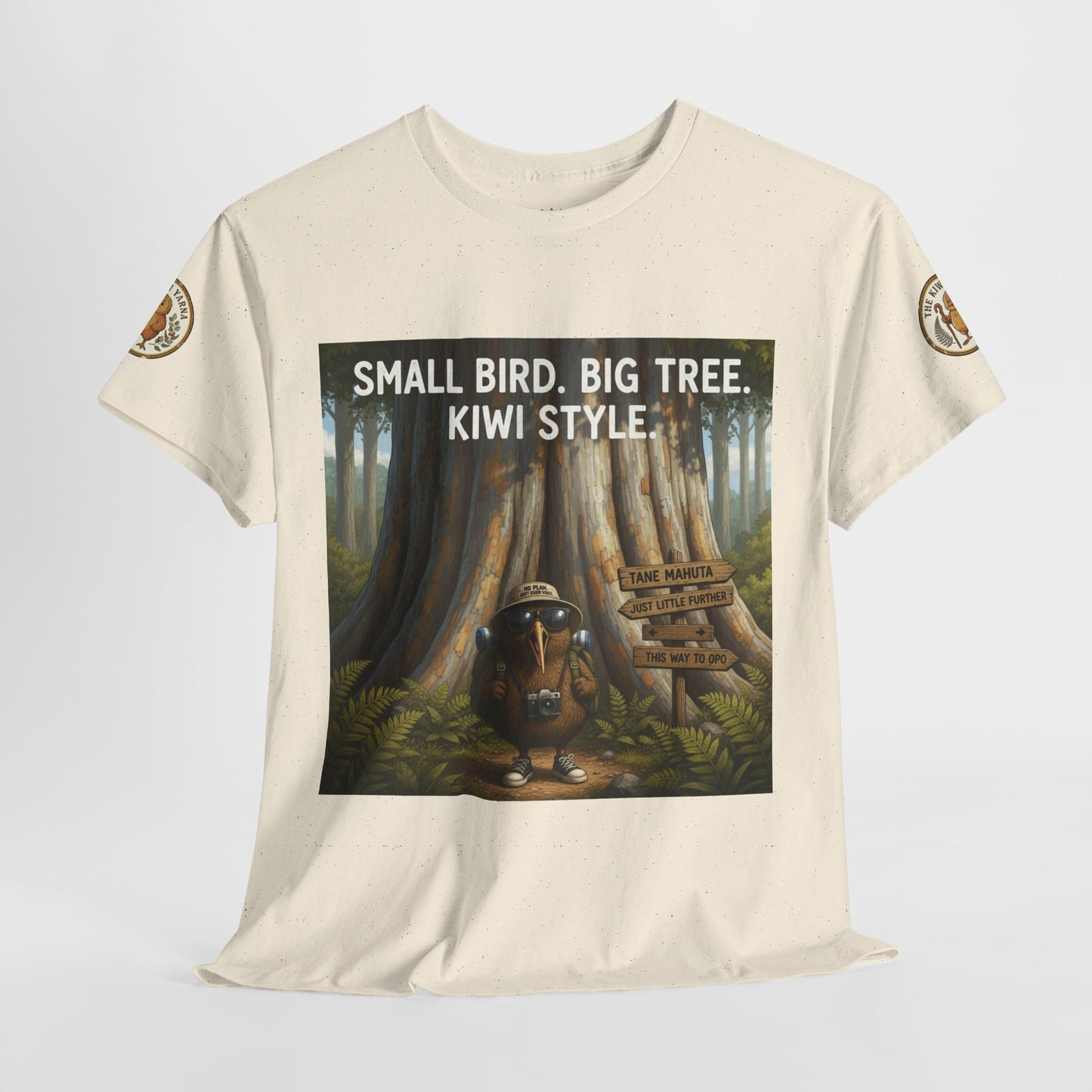 Natural short-sleeve graphic T-shirt with forest scene and “Kiwi Style” text