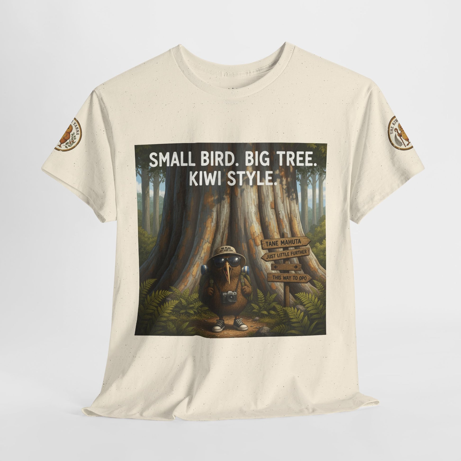 Natural short-sleeve graphic T-shirt with forest scene and “Kiwi Style” text