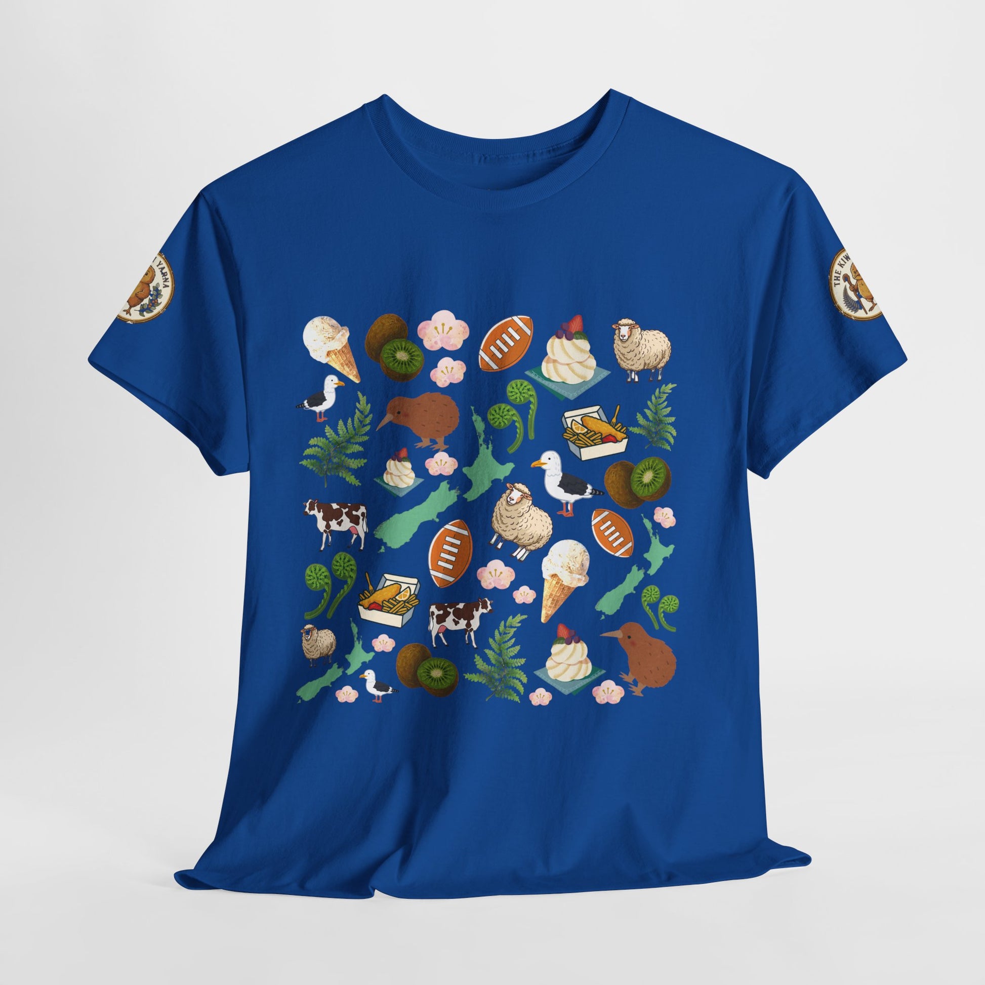 Kiwiana graphic T-shirt in antique sapphire blue with wildlife collage front and sleeve emblems
