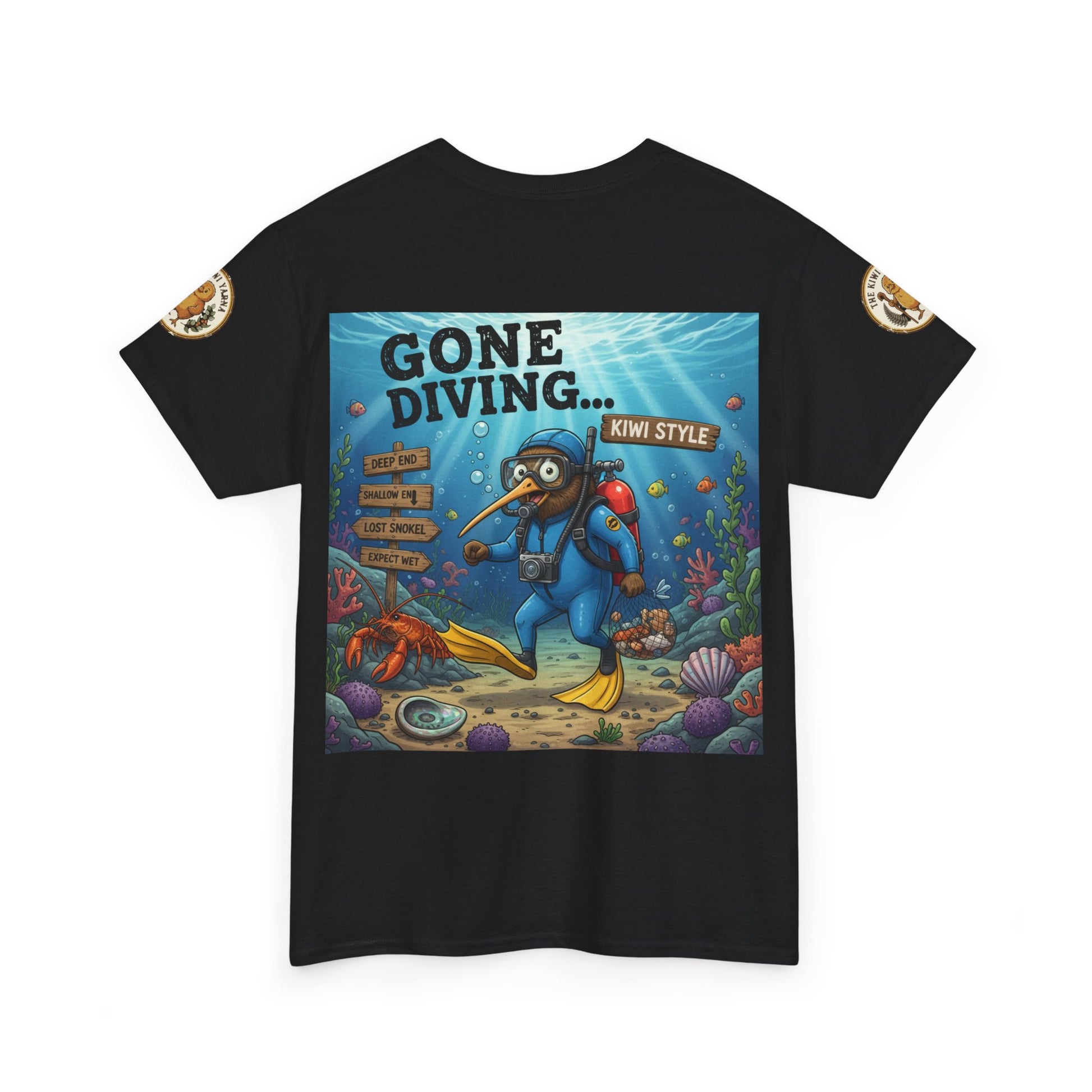 Black crewneck t-shirt with large diving character graphic on front