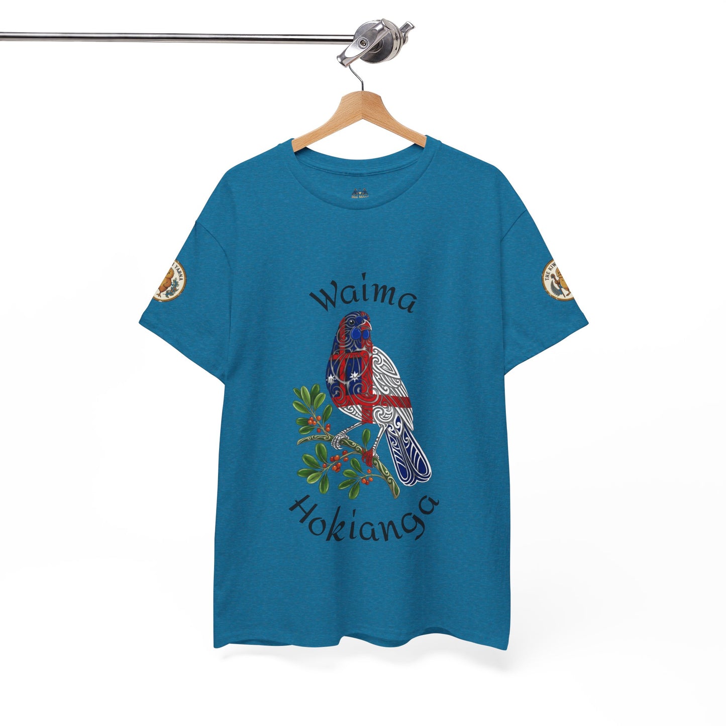 Teal crewneck T-shirt on hanger with bird graphic centered on front